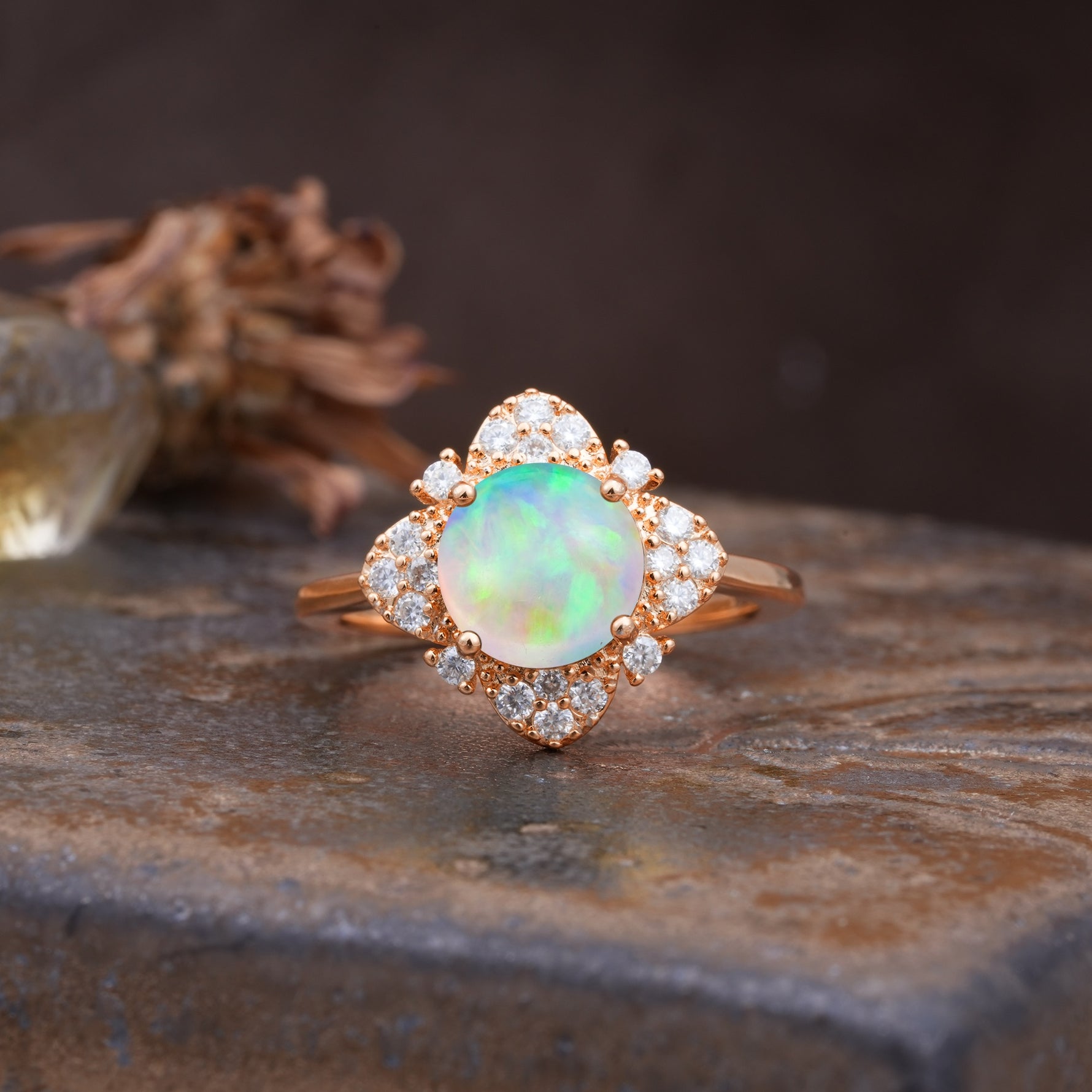 Nature-Inspired Petal-Shaped 4-Prong Round Cut Fire Opal Engagement Ring - Additional view