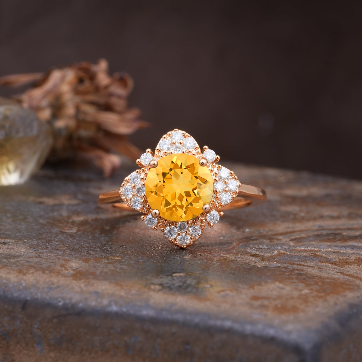 Nature-Inspired Petal-Shaped 4-Prong Round Cut Citrine Engagement Ring - Additional view
