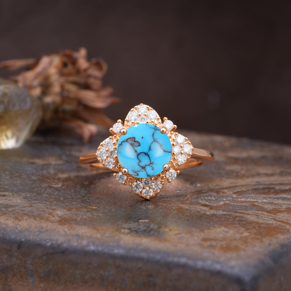 Nature-Inspired Petal-Shaped 4-Prong Round Cut Turquoise Engagement Ring - Additional view