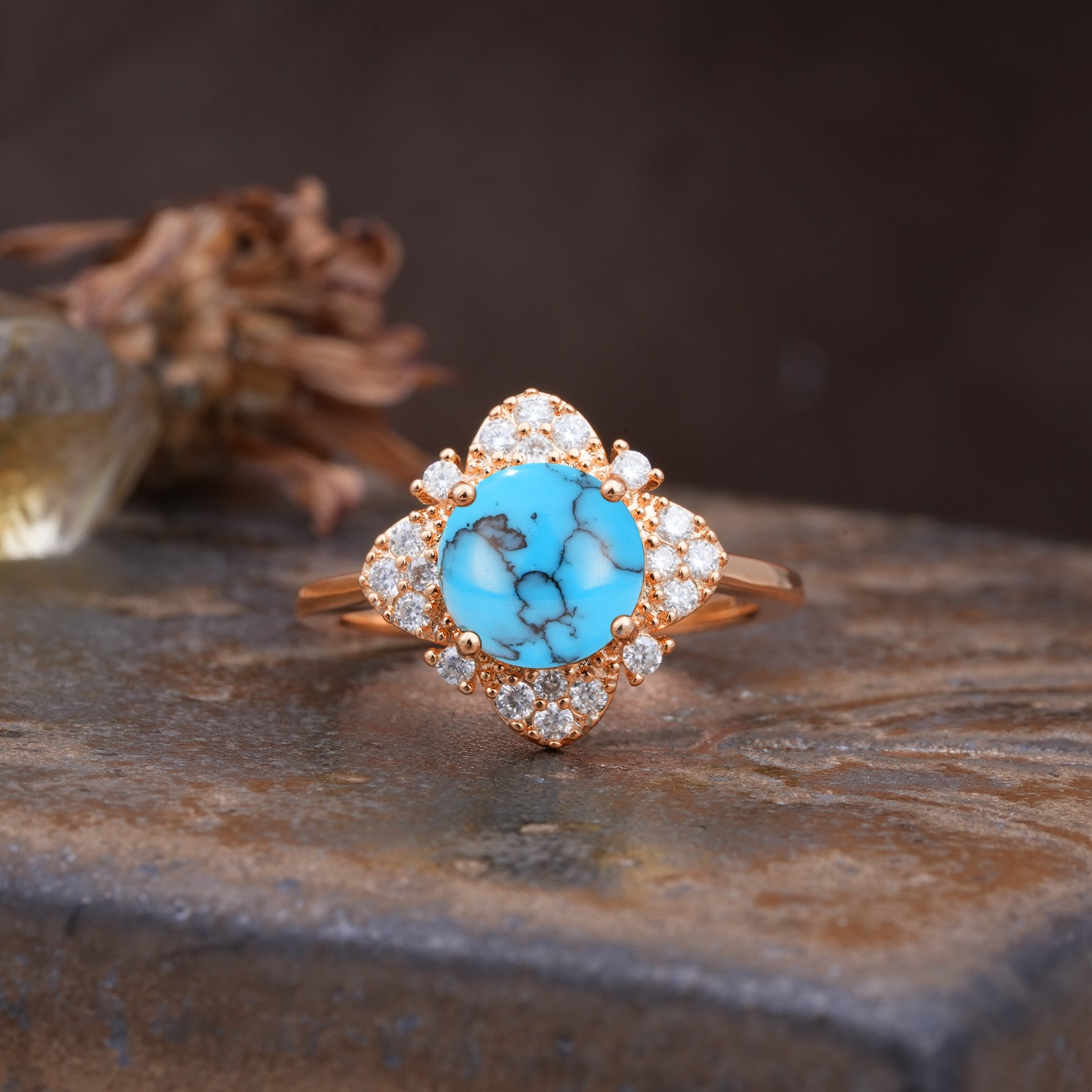 Nature-Inspired Petal-Shaped 4-Prong Round Cut Turquoise Engagement Ring - Additional view