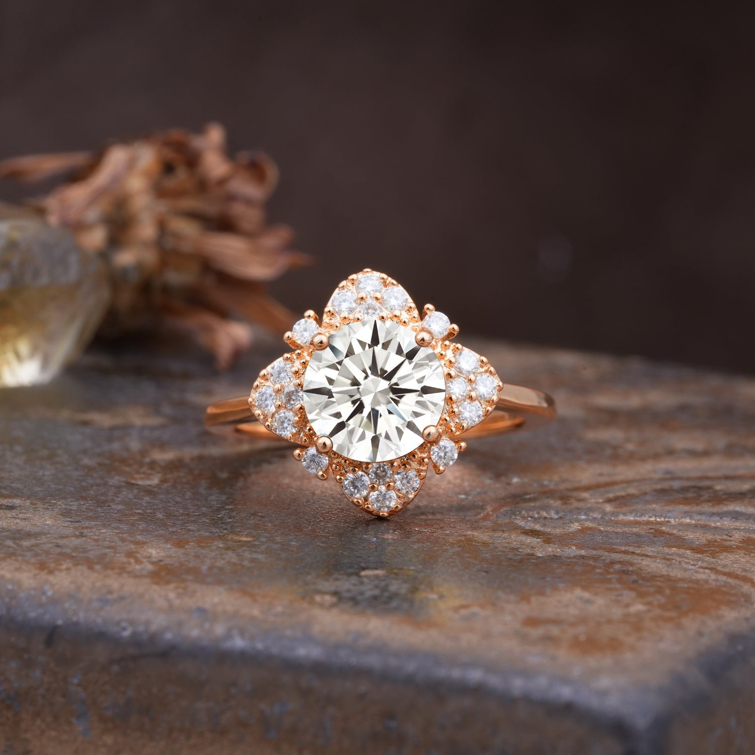 Nature-Inspired Petal-Shaped 4-Prong Round Cut Lab Diamond Engagement Ring - Additional view