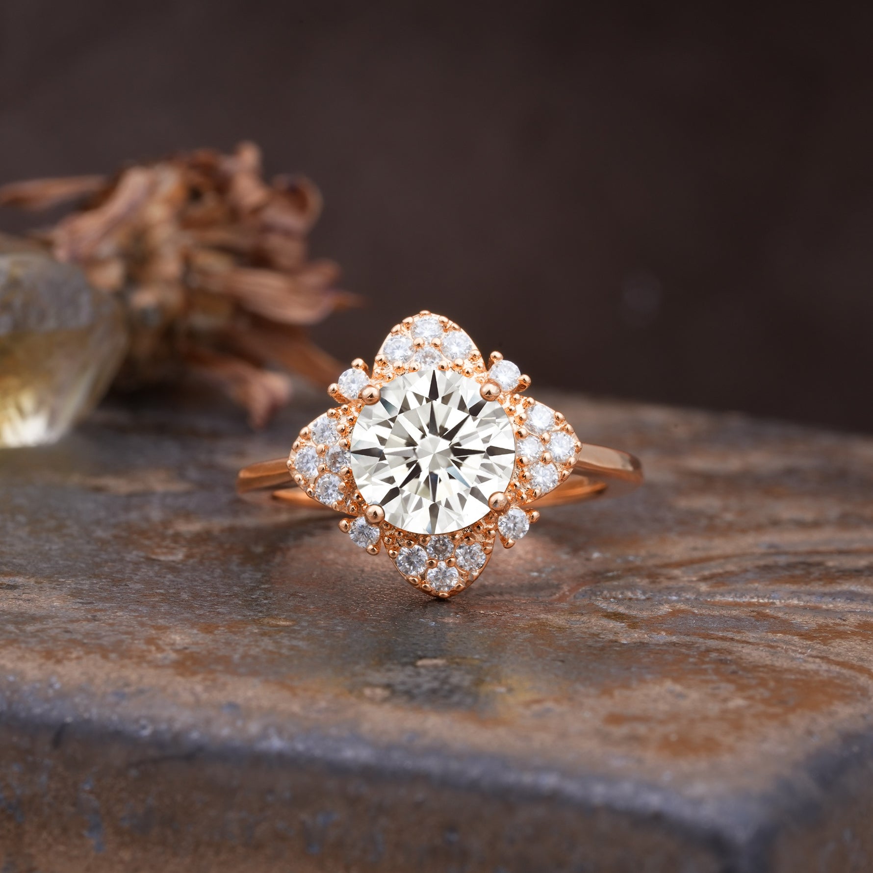 Nature-Inspired Petal-Shaped 4-Prong Round Cut Lab Diamond Engagement Ring - Additional view