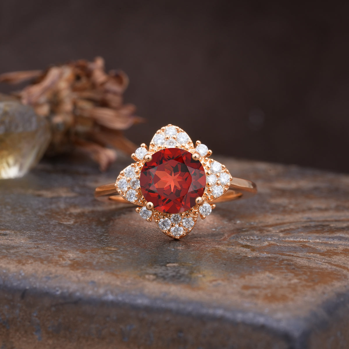 Nature-Inspired Petal-Shaped 4-Prong Round Cut Garnet Engagement Ring - Additional view