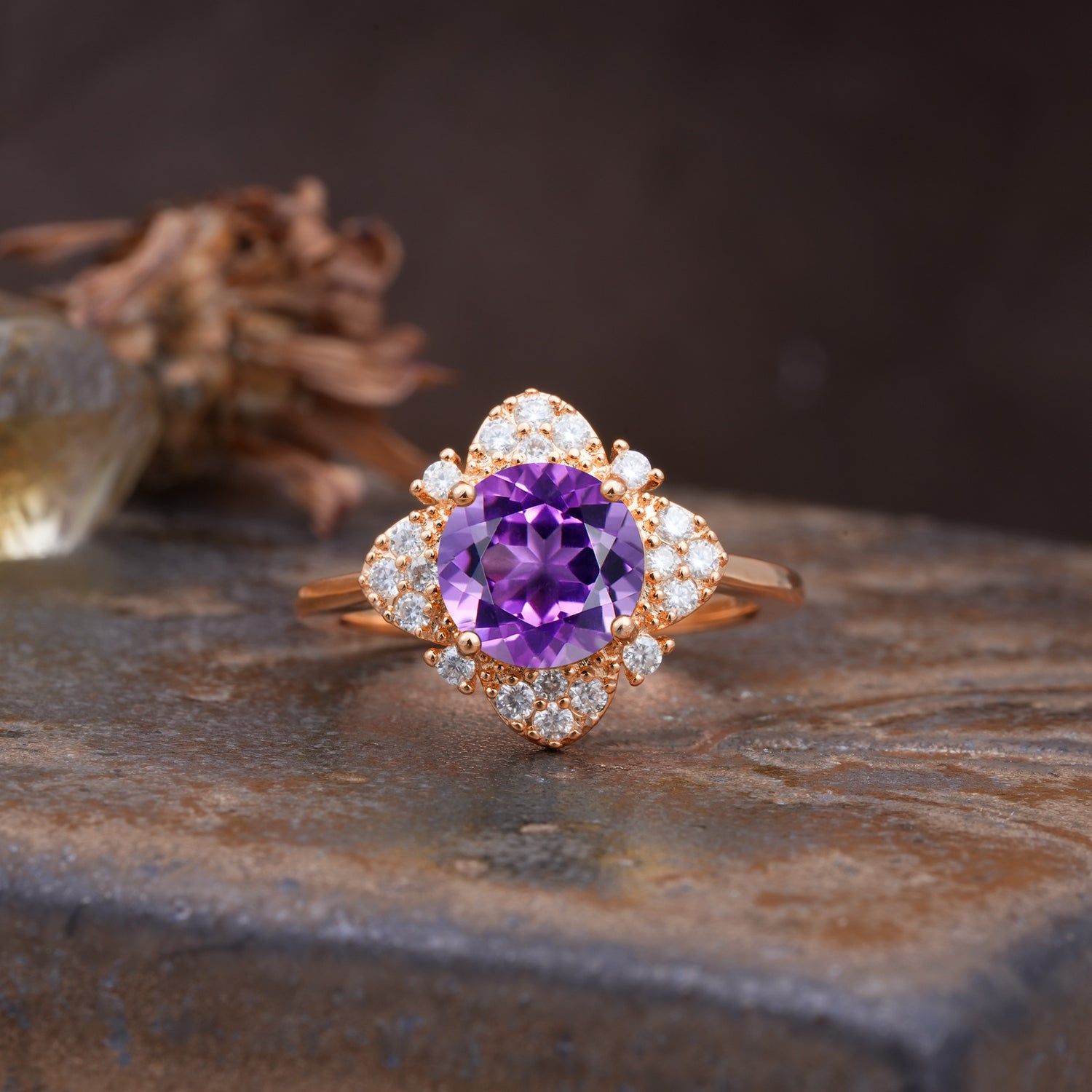 Nature-Inspired Petal-Shaped 4-Prong Round Cut Amethyst Engagement Ring - Additional view