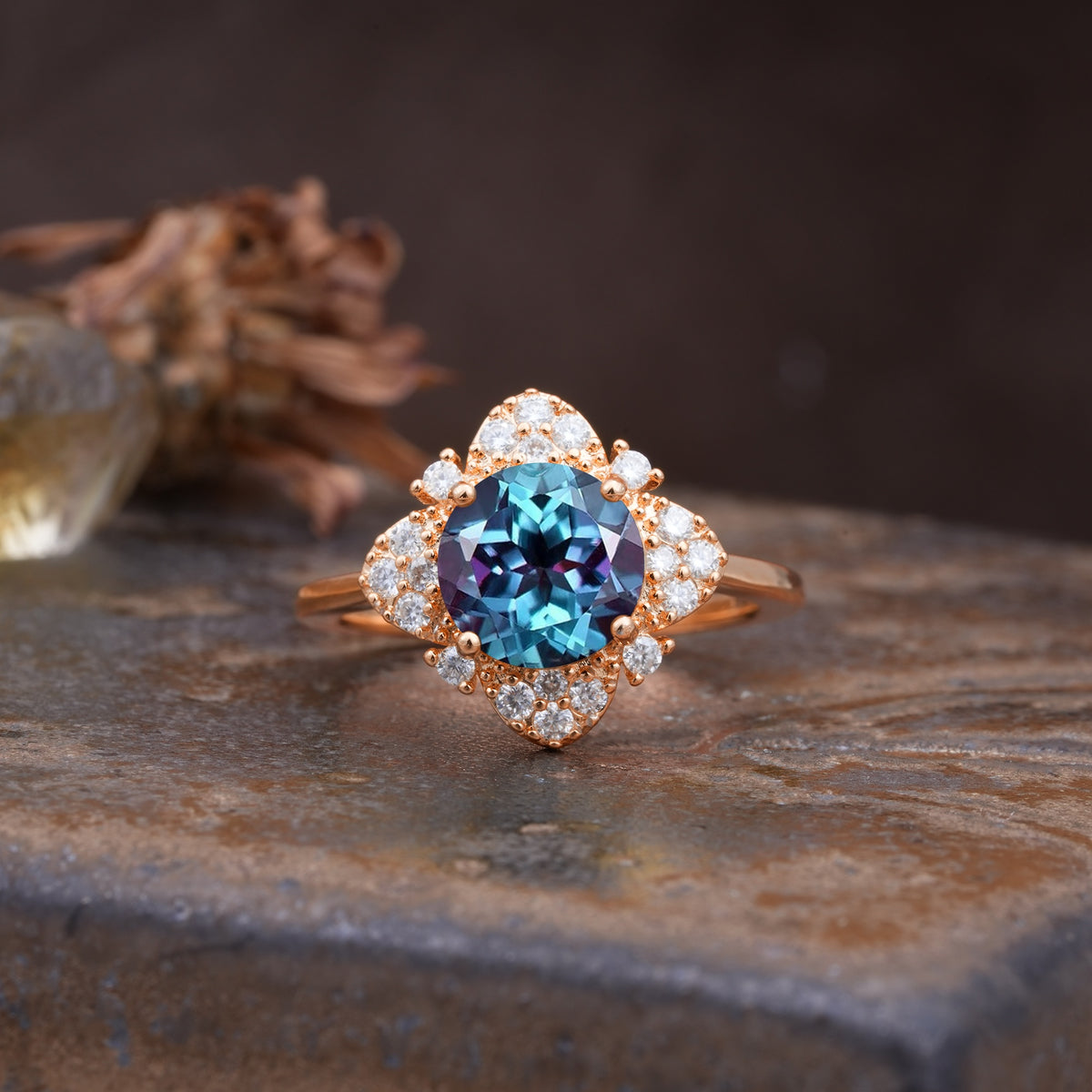 Nature-Inspired Petal-Shaped 4-Prong Round Cut Alexandrite Engagement Ring - Additional view