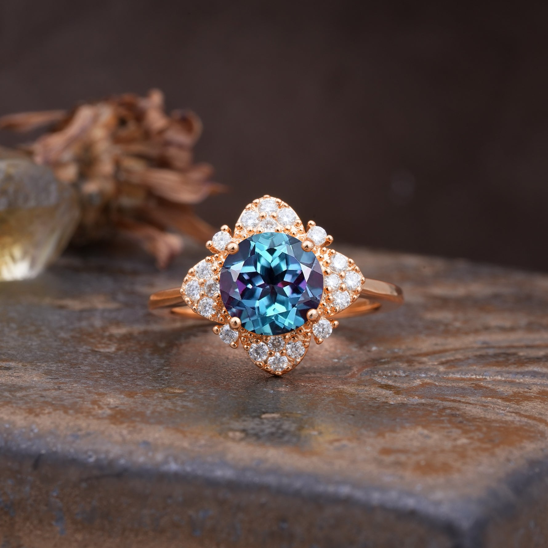 Nature-Inspired Petal-Shaped 4-Prong Round Cut Alexandrite Engagement Ring - Additional view