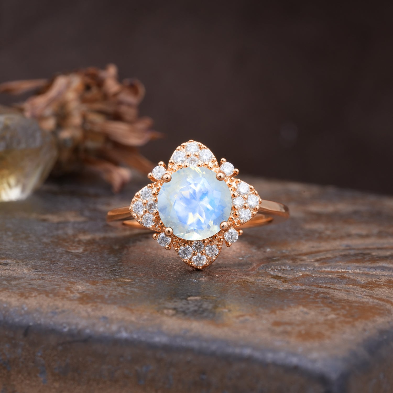 Nature-Inspired Petal-Shaped 4-Prong Round Cut Moonstone Engagement Ring - Additional view