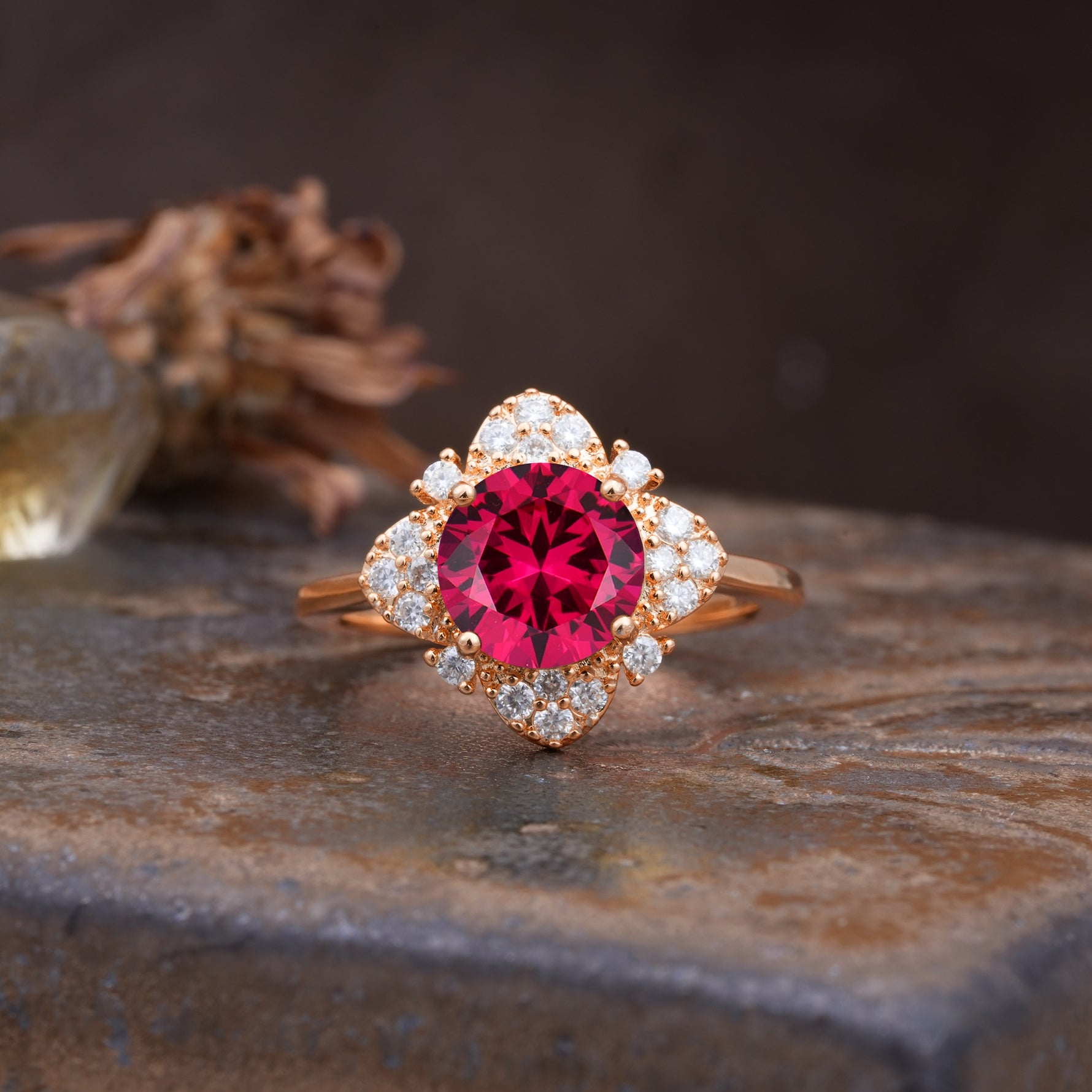 Nature-Inspired Petal-Shaped 4-Prong Round Cut Ruby Engagement Ring - Additional view