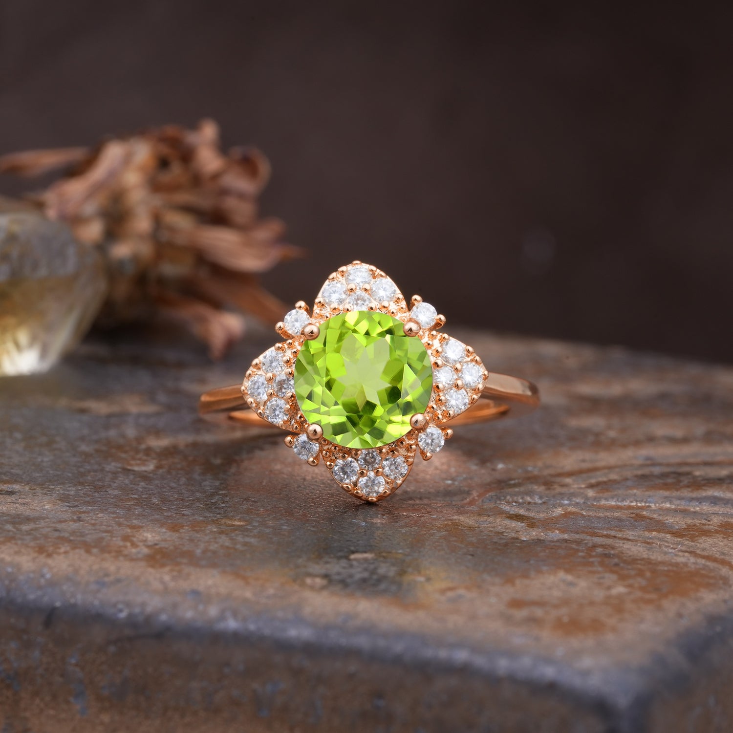 Nature-Inspired Petal-Shaped 4-Prong Round Cut Peridot Engagement Ring - Additional view