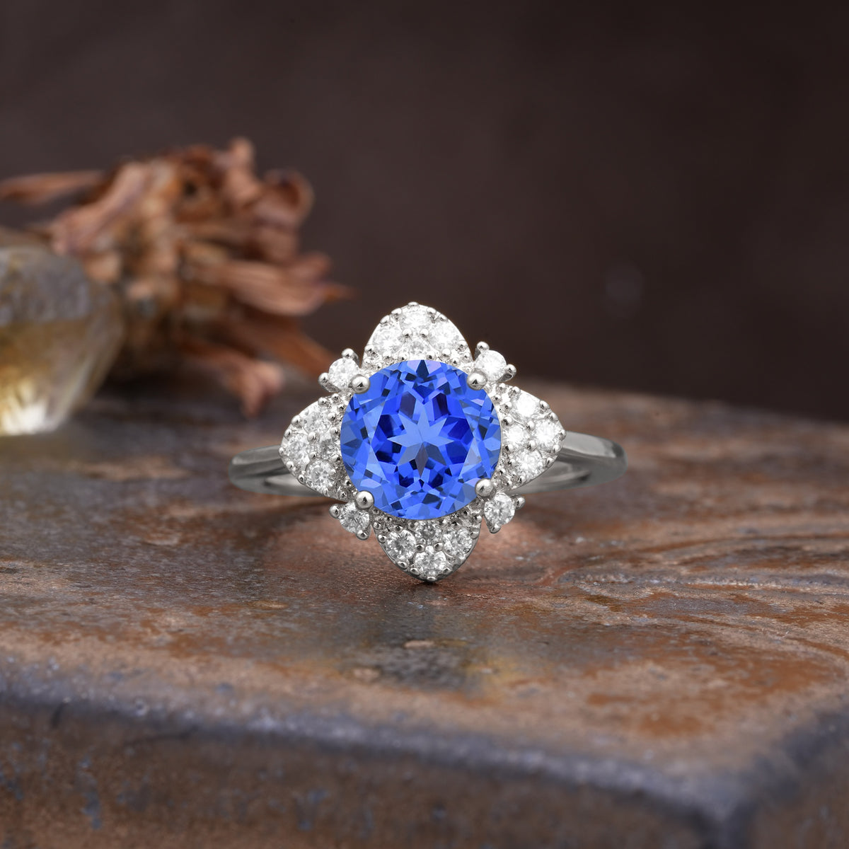 Nature-Inspired Petal-Shaped 4-Prong Round Cut Sapphire Engagement Ring - Additional view