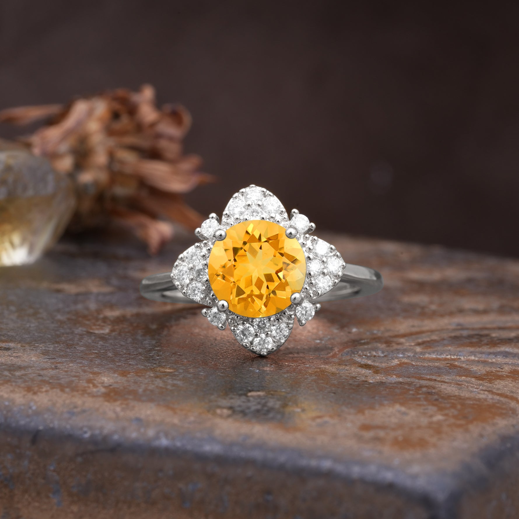 Nature-Inspired Petal-Shaped 4-Prong Round Cut Citrine Engagement Ring - Additional view