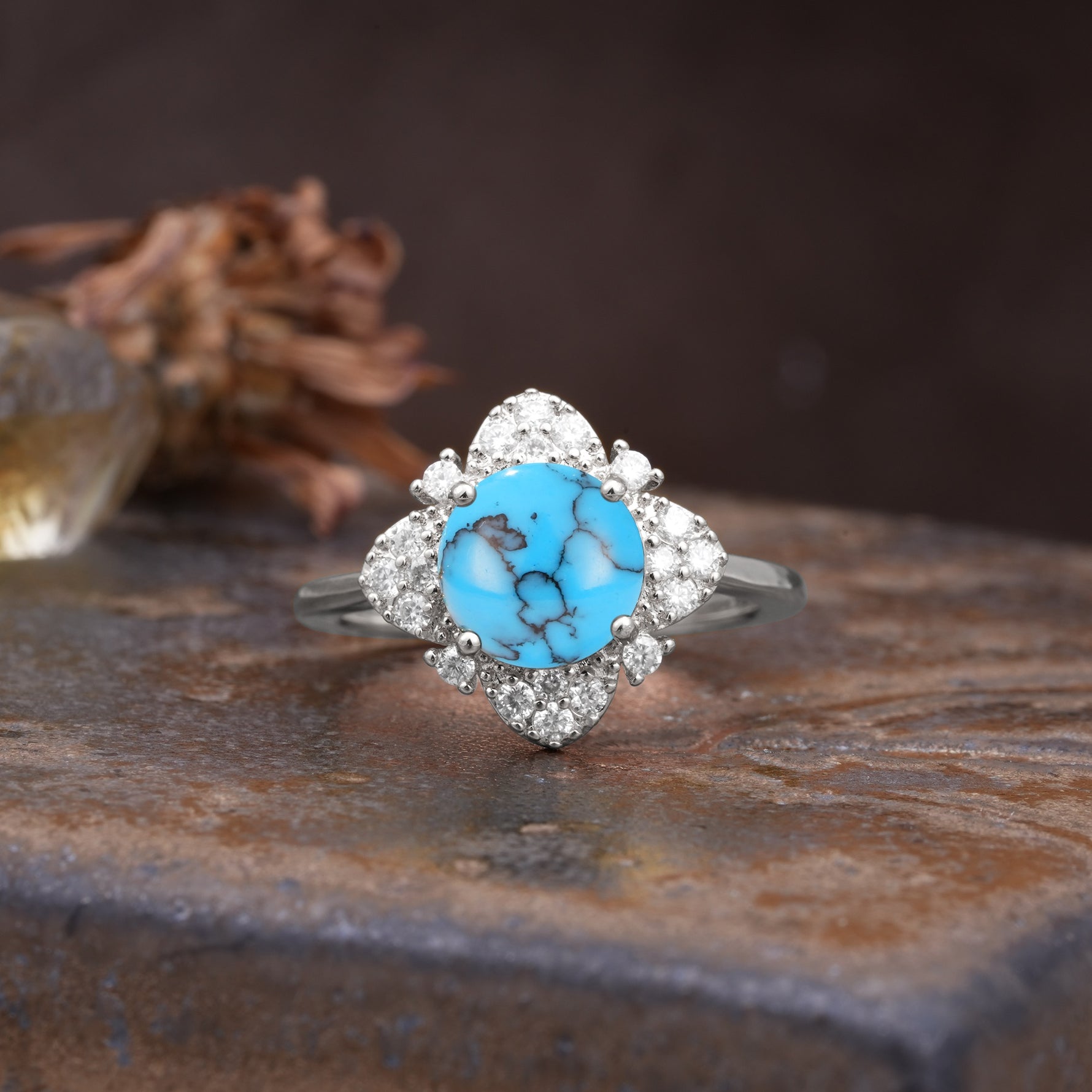 Nature-Inspired Petal-Shaped 4-Prong Round Cut Turquoise Engagement Ring - Additional view