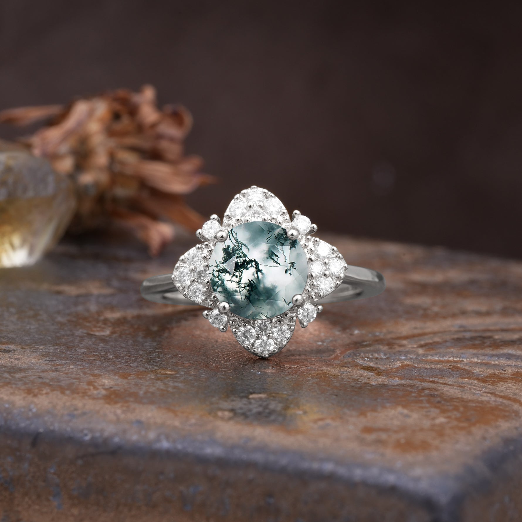 Nature-Inspired Petal-Shaped 4-Prong Round Cut Moss Agate Engagement Ring - Additional view