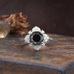 Nature-Inspired Petal-Shaped 4-Prong Round Cut Black Onyx Engagement Ring - Additional view