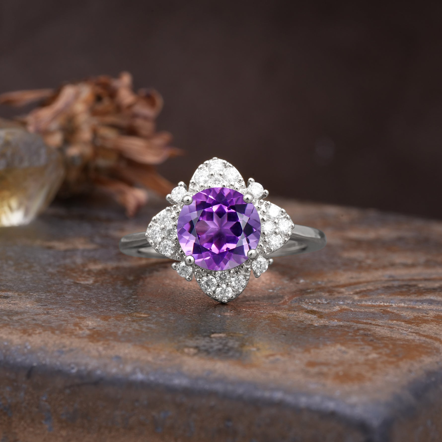 Nature-Inspired Petal-Shaped 4-Prong Round Cut Amethyst Engagement Ring - Additional view