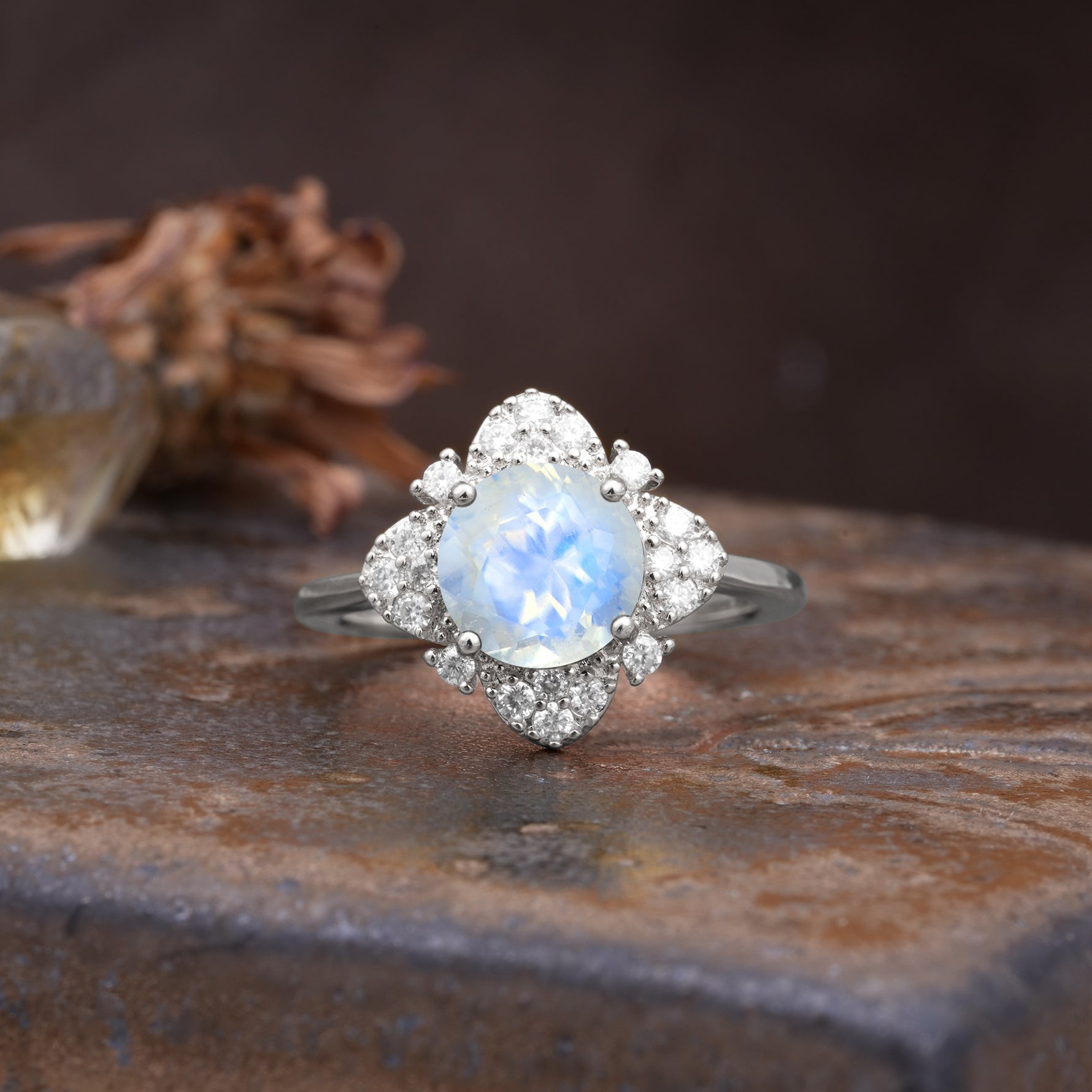 Nature-Inspired Petal-Shaped 4-Prong Round Cut Moonstone Engagement Ring - Additional view