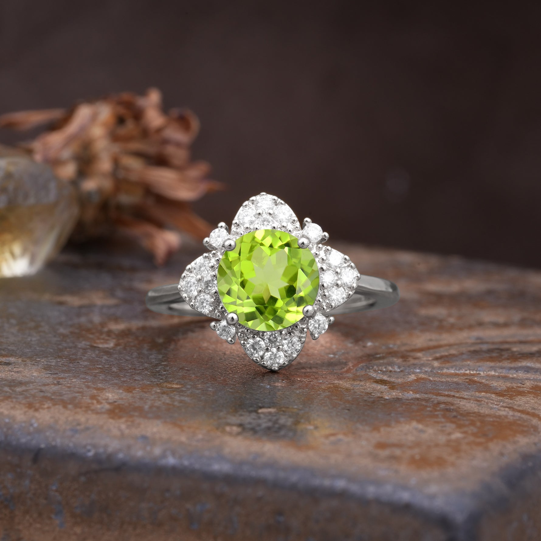 Nature-Inspired Petal-Shaped 4-Prong Round Cut Peridot Engagement Ring - Additional view