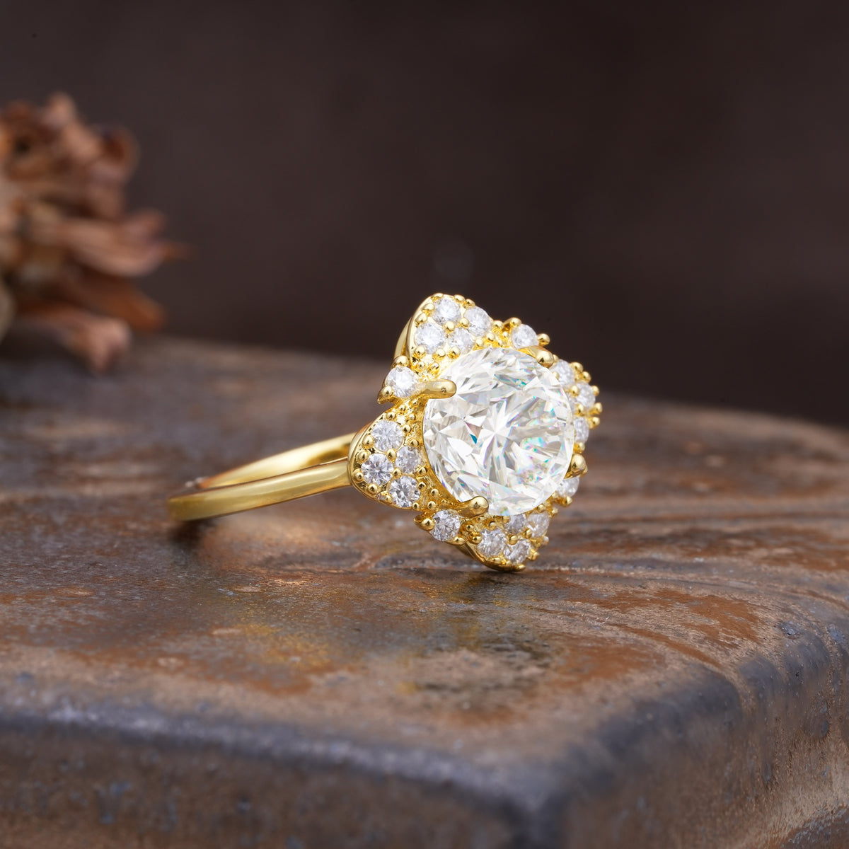 Nature-Inspired Petal-Shaped 4-Prong Round Cut Moissanite Engagement Ring - Additional view