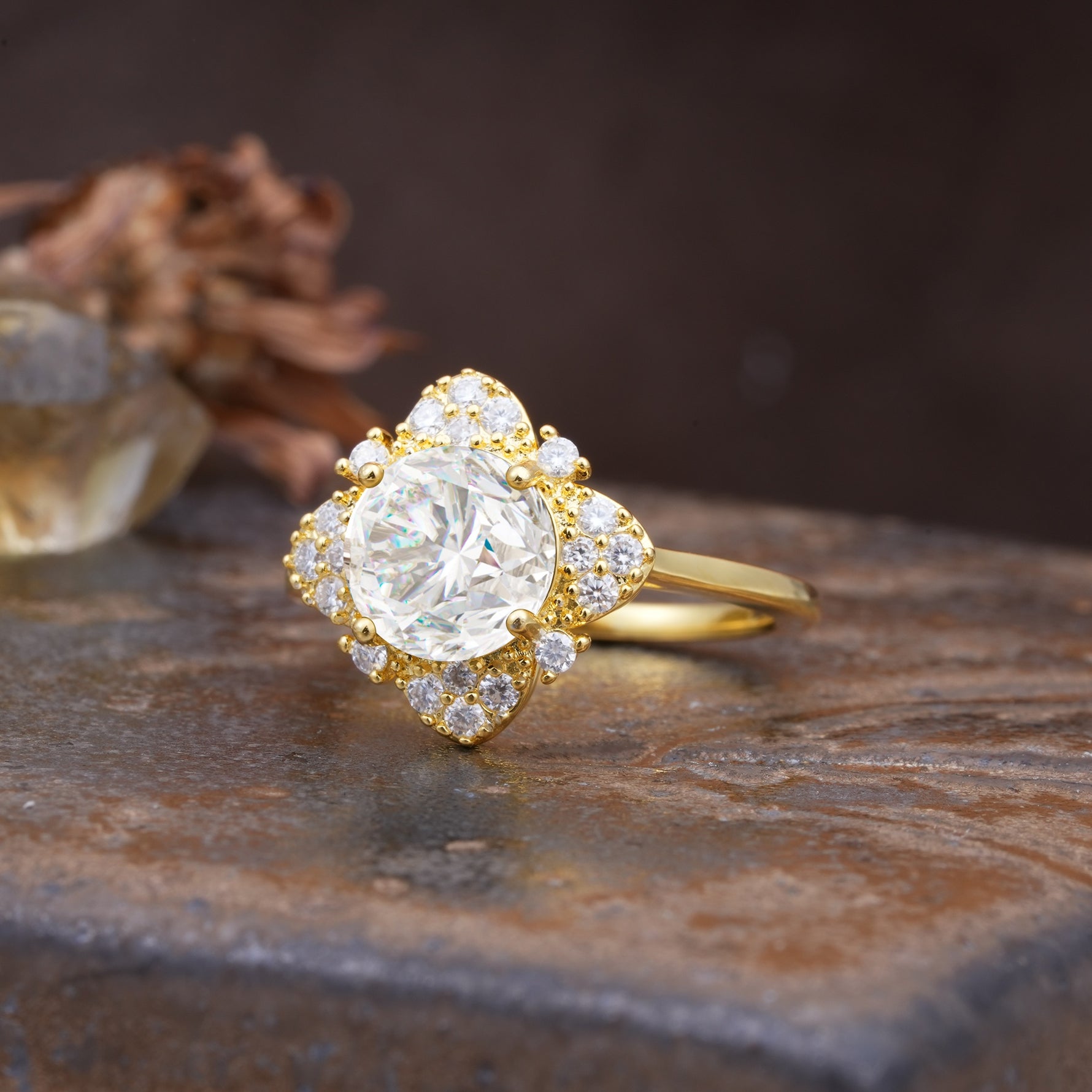Nature-Inspired Petal-Shaped 4-Prong Round Cut Moissanite Engagement Ring - Additional view