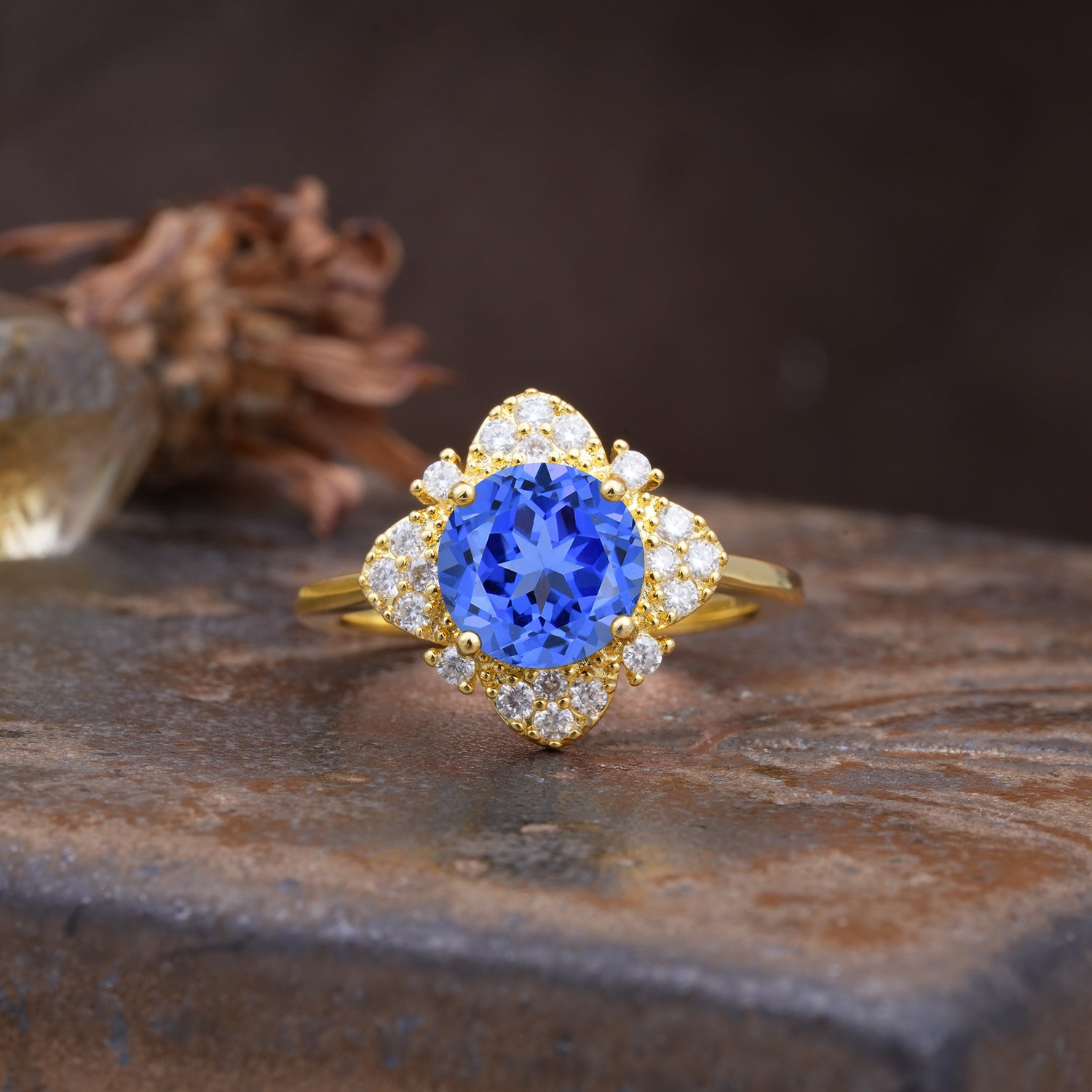 Nature-Inspired Petal-Shaped 4-Prong Round Cut Sapphire Engagement Ring - Additional view