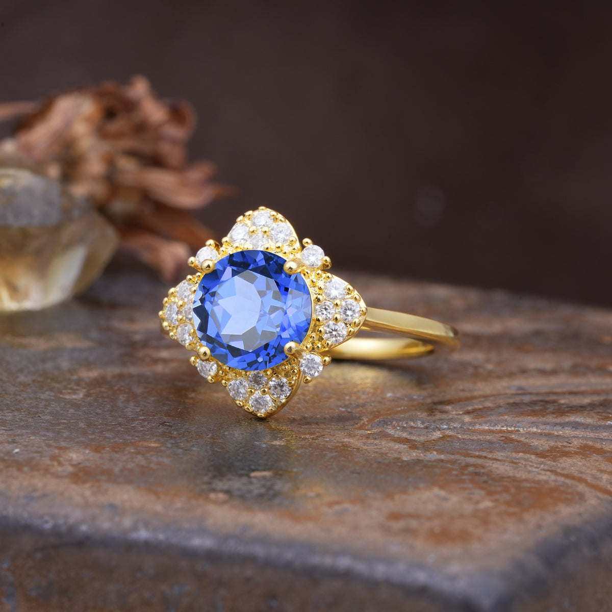 Nature-Inspired Petal-Shaped 4-Prong Round Cut Sapphire Engagement Ring - Additional view