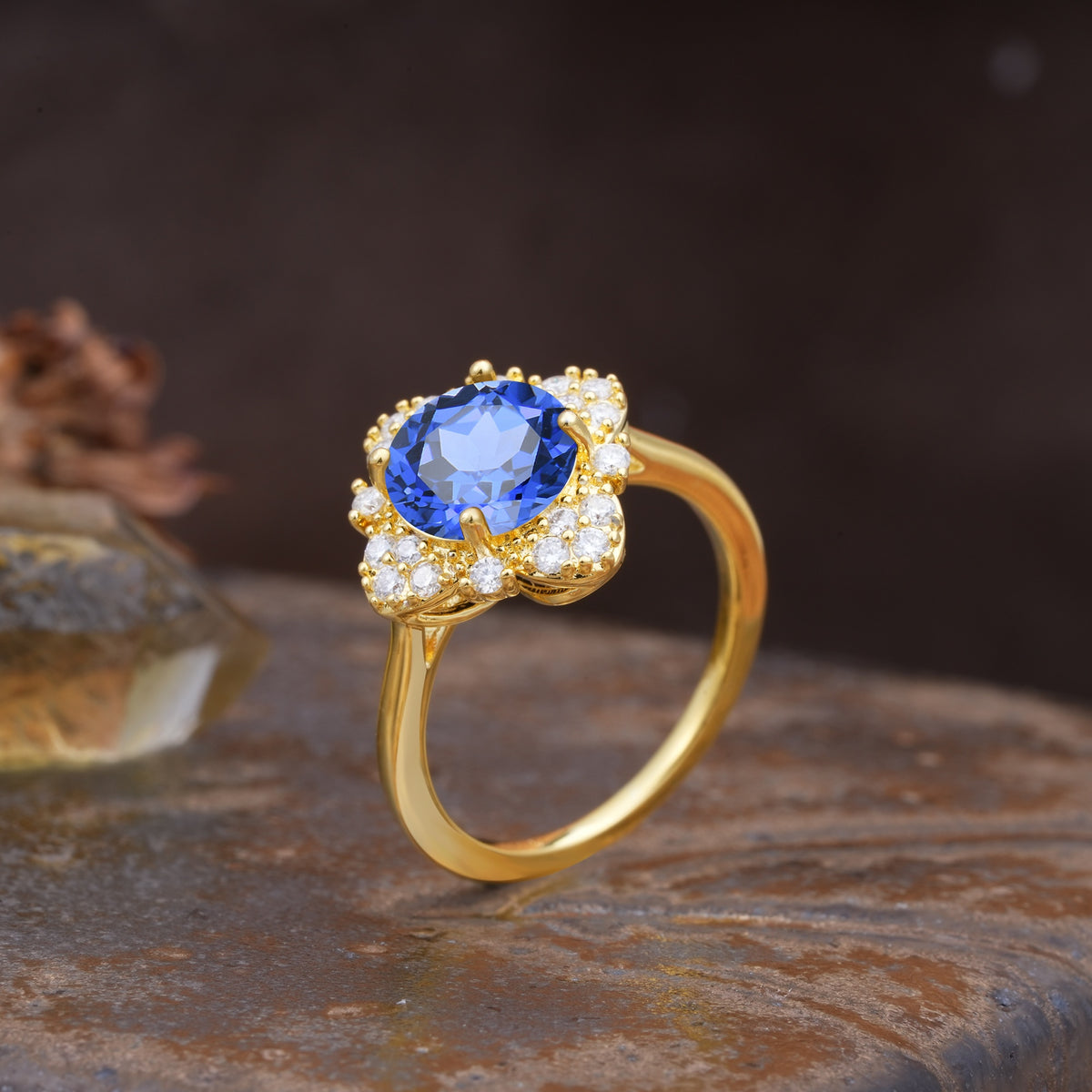 Nature-Inspired Petal-Shaped 4-Prong Round Cut Sapphire Engagement Ring - Additional view