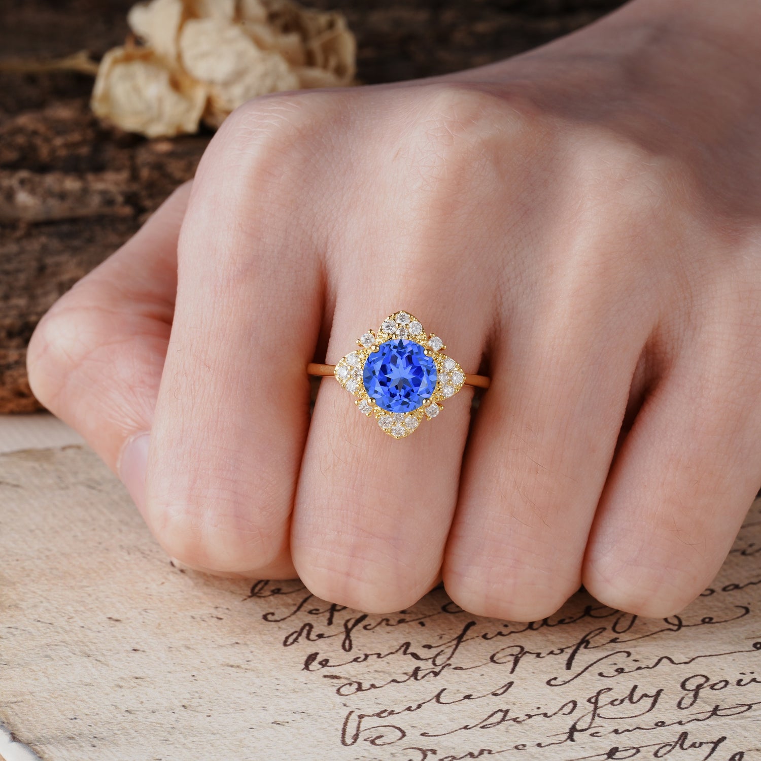 Nature-Inspired Petal-Shaped 4-Prong Round Cut Sapphire Engagement Ring - Additional view