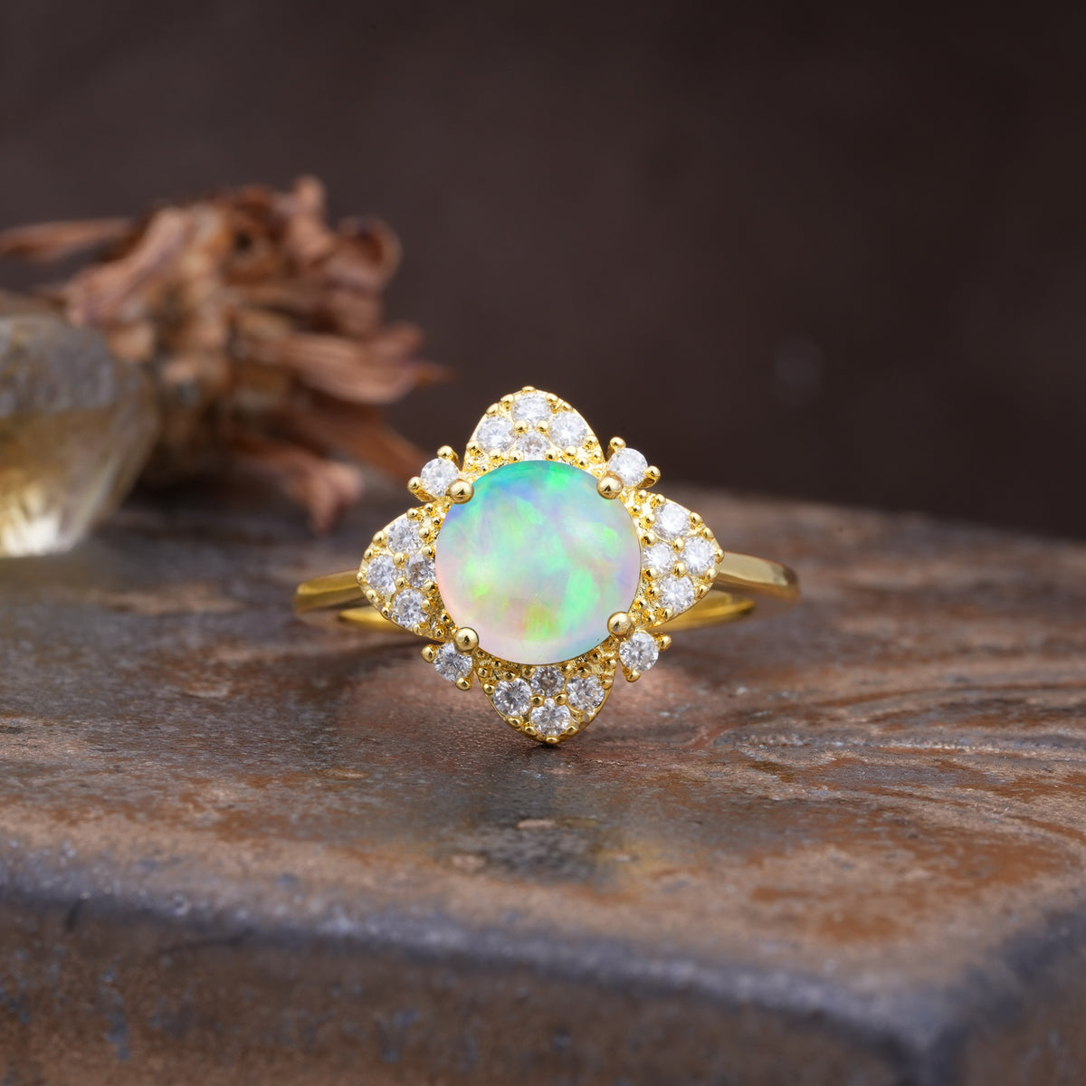 Nature-Inspired Petal-Shaped 4-Prong Round Cut Fire Opal Engagement Ring - Additional view