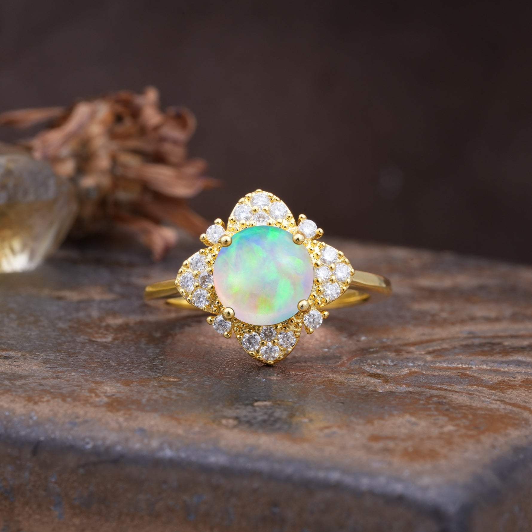 Nature-Inspired Petal-Shaped 4-Prong Round Cut Fire Opal Engagement Ring - Additional view