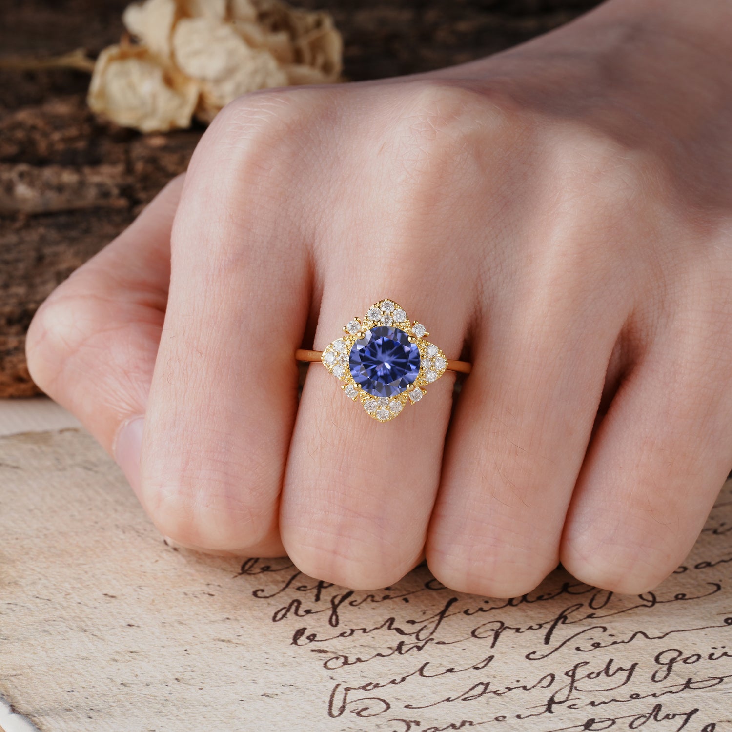 Nature-Inspired Petal-Shaped 4-Prong Round Cut Tanzanite Engagement Ring