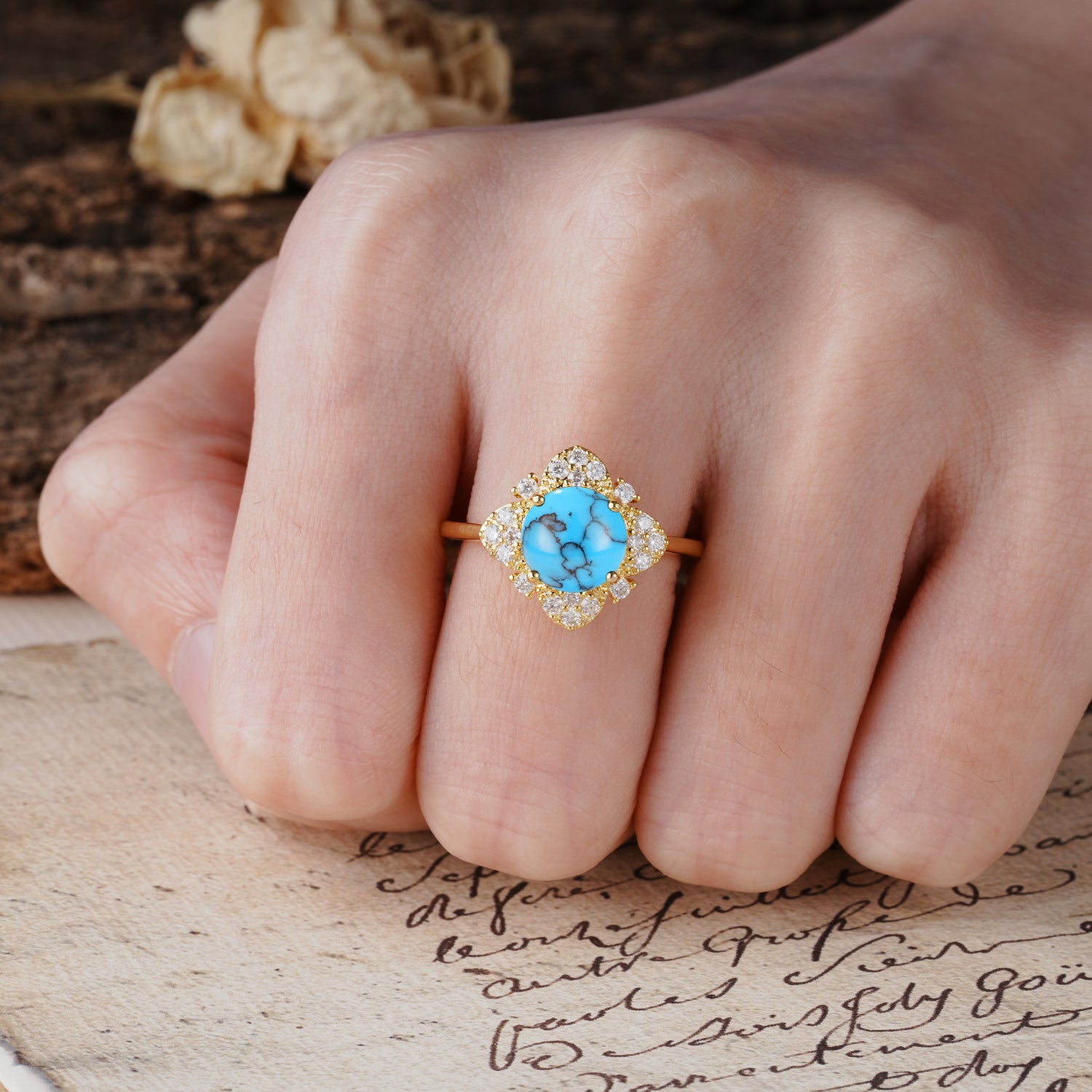 Nature-Inspired Petal-Shaped 4-Prong Round Cut Turquoise Engagement Ring