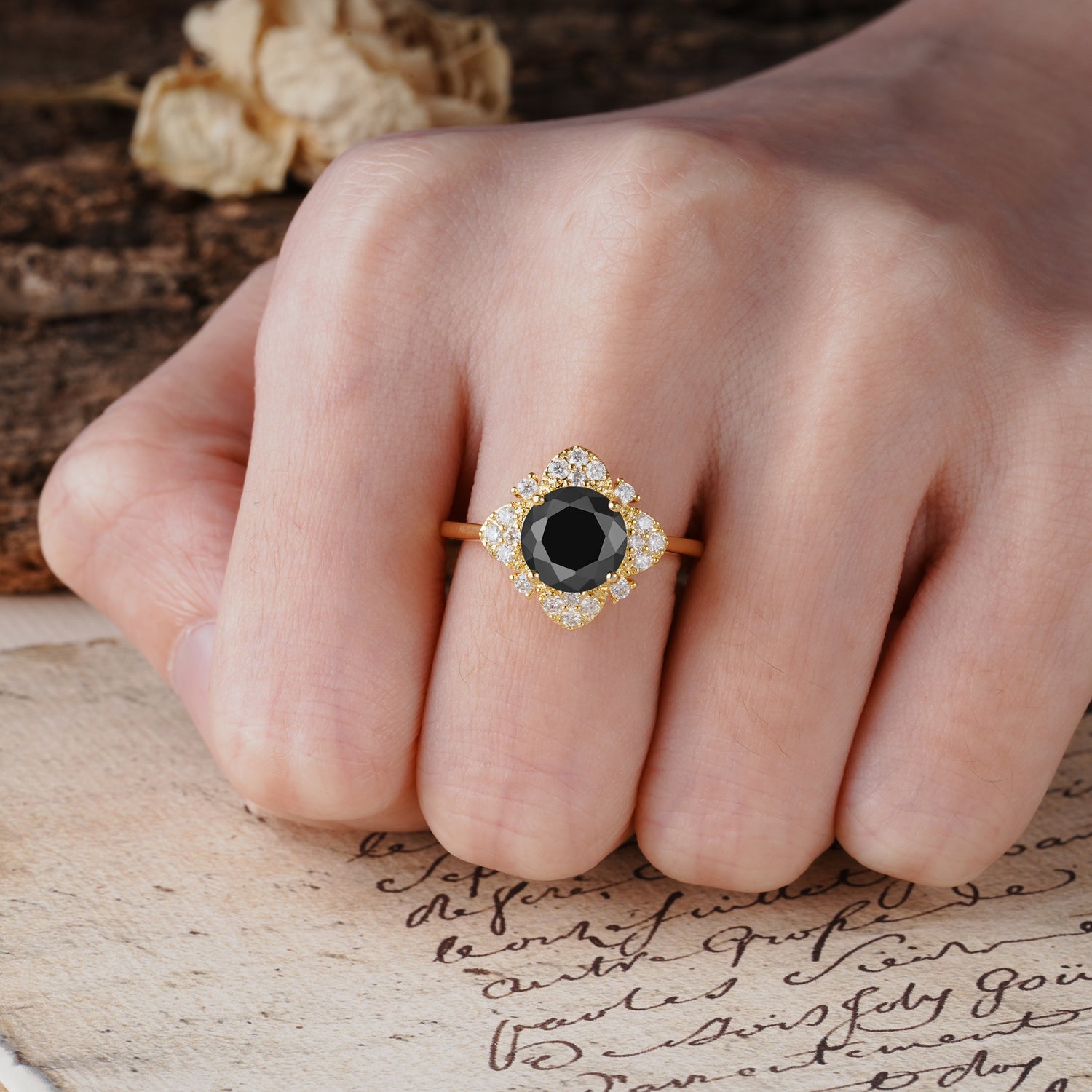 Nature-Inspired Petal-Shaped 4-Prong Round Cut Black Onyx Engagement Ring
