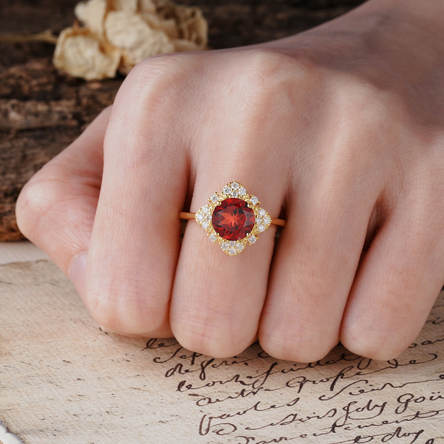 Nature-Inspired Petal-Shaped 4-Prong Round Cut Garnet Engagement Ring