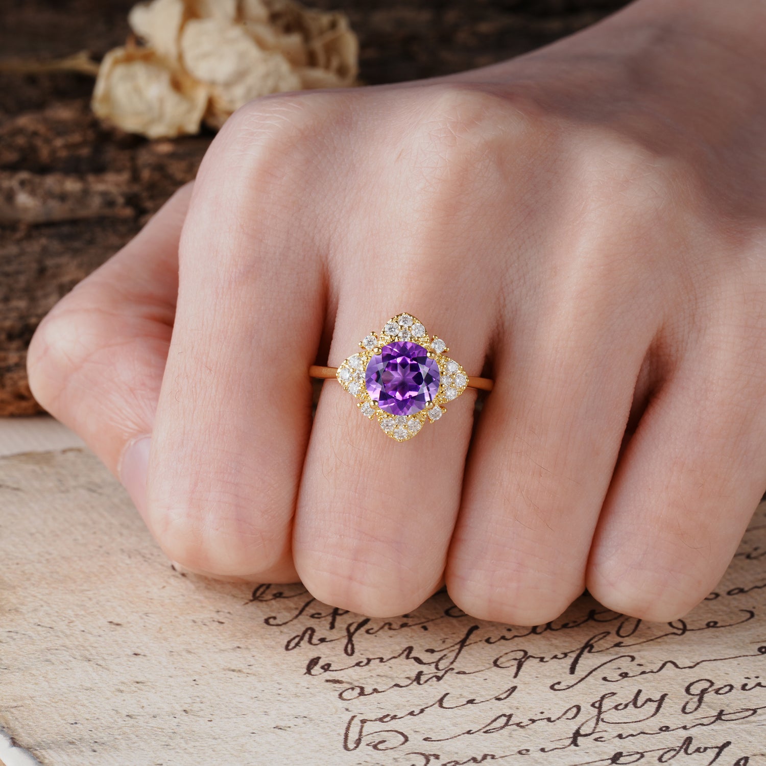 Nature-Inspired Petal-Shaped 4-Prong Round Cut Amethyst Engagement Ring