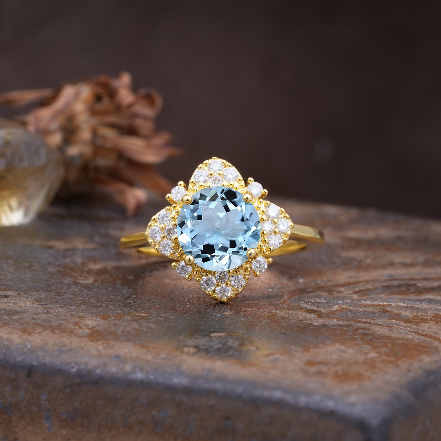 Nature-Inspired Petal-Shaped 4-Prong Round Cut Aquamarine Engagement Ring