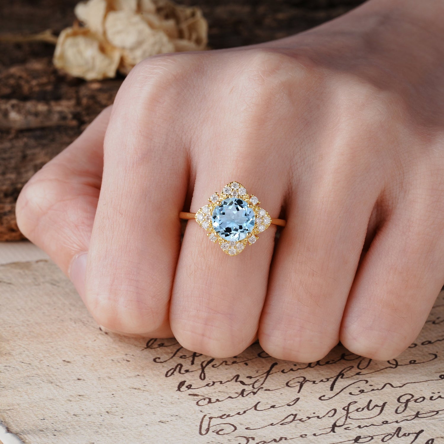 Nature-Inspired Petal-Shaped 4-Prong Round Cut Aquamarine Engagement Ring
