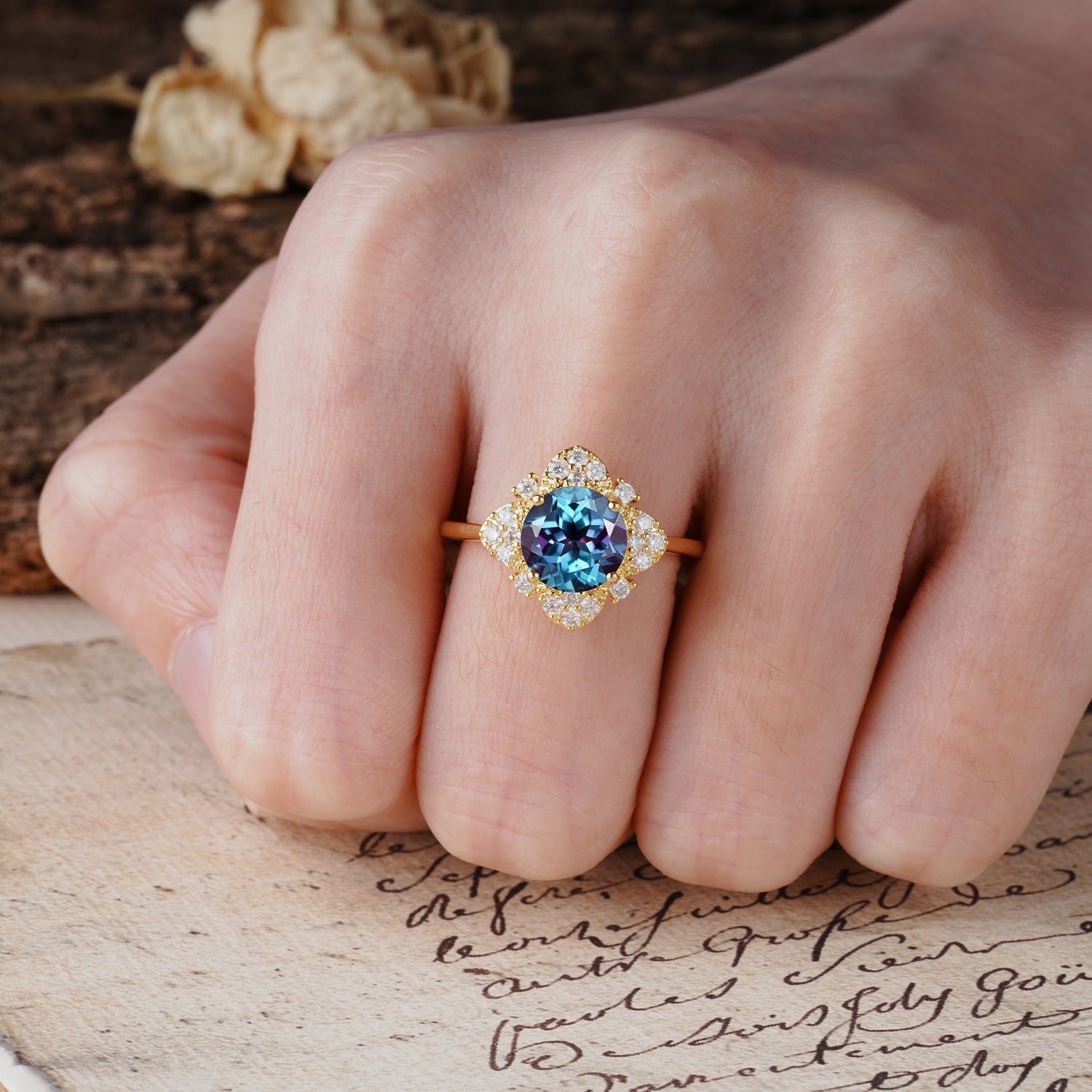 Nature-Inspired Petal-Shaped 4-Prong Round Cut Alexandrite Engagement Ring