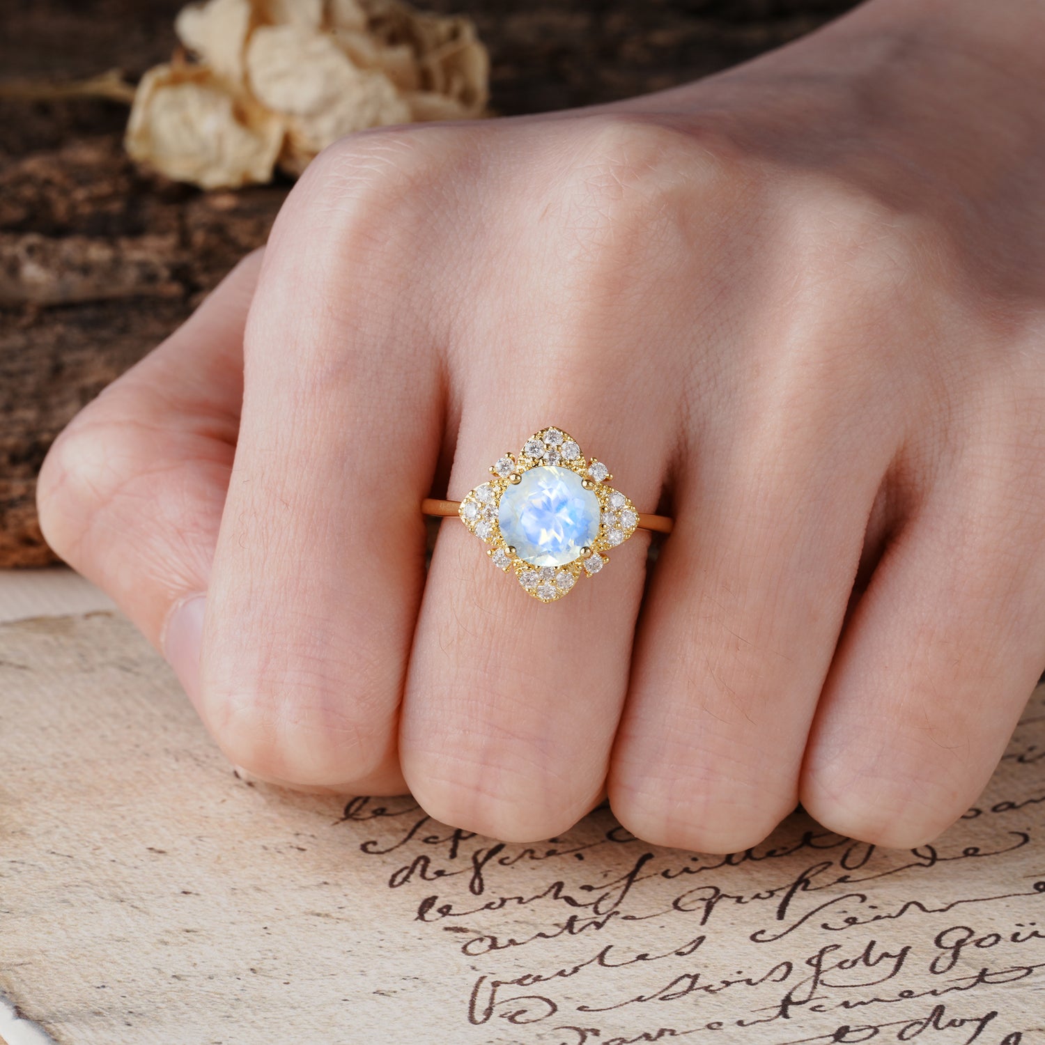 Nature-Inspired Petal-Shaped 4-Prong Round Cut Moonstone Engagement Ring