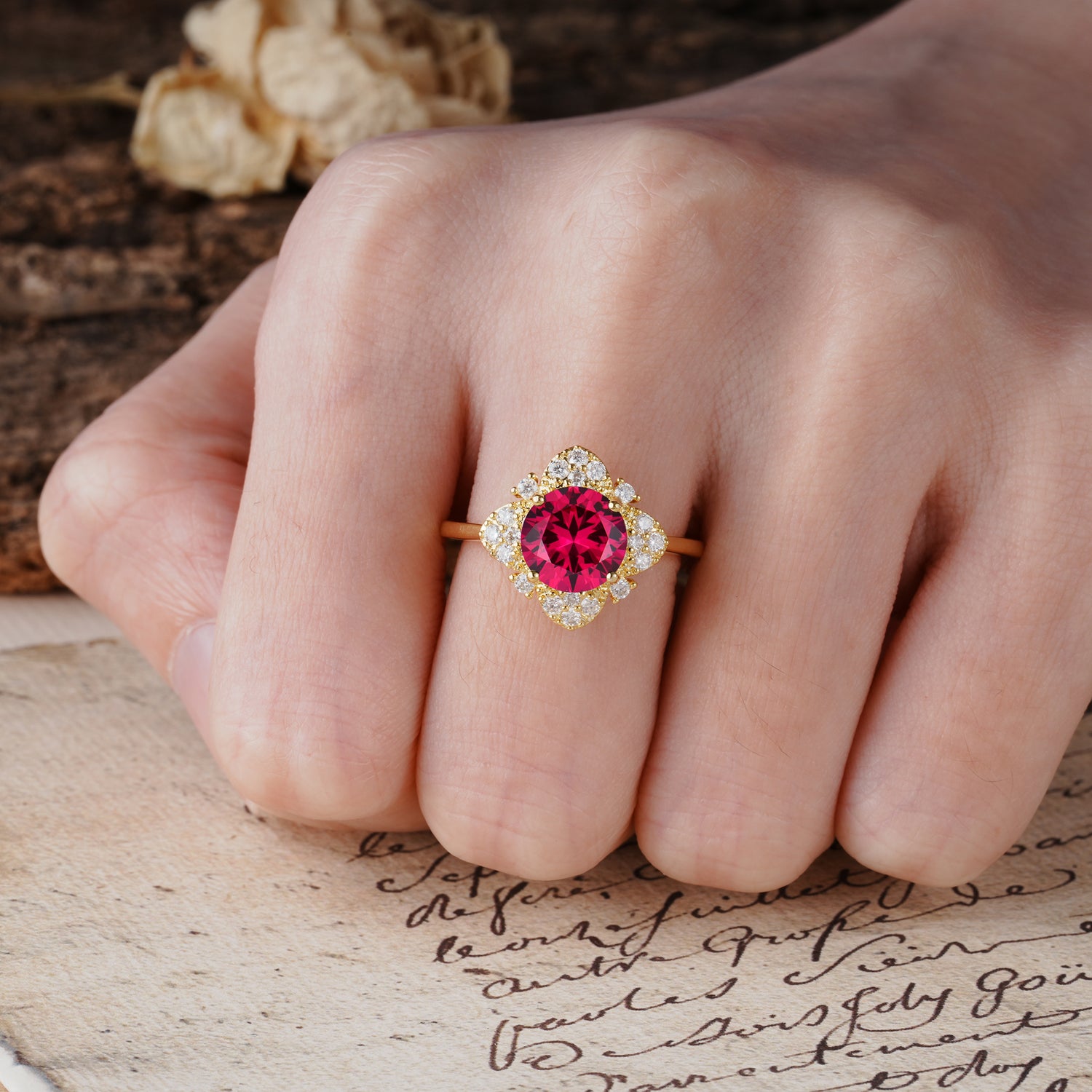 Nature-Inspired Petal-Shaped 4-Prong Round Cut Ruby Engagement Ring