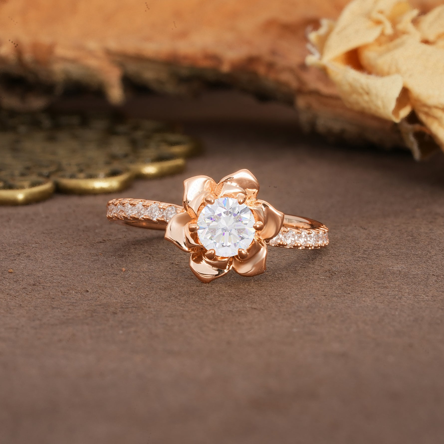 Nature-Inspired Unique Floral Design 6-Prong Round Cut Moissanite Engagement Ring - Additional view