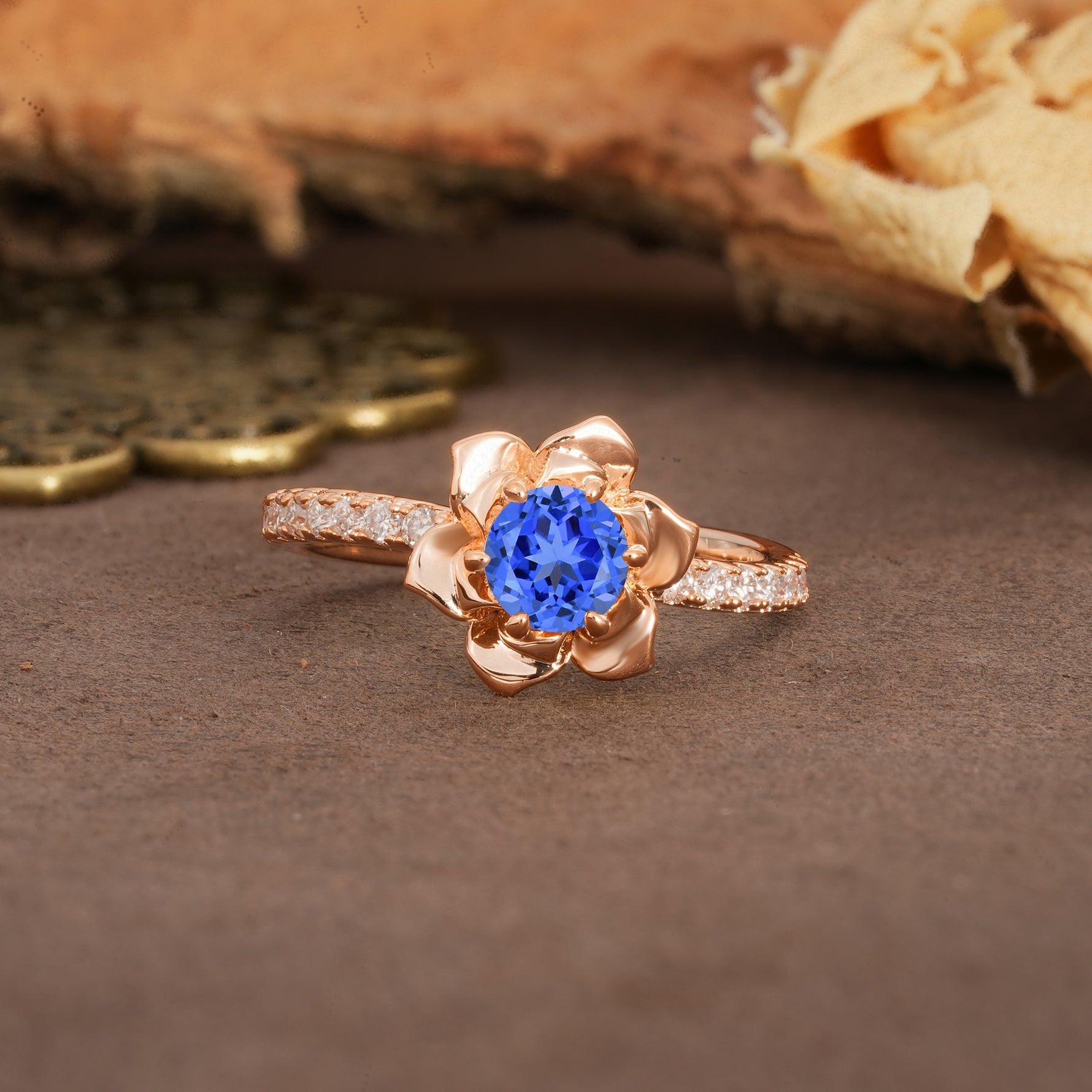 Nature-Inspired Unique Floral Design 6-Prong Round Cut Sapphire Engagement Ring - Additional view