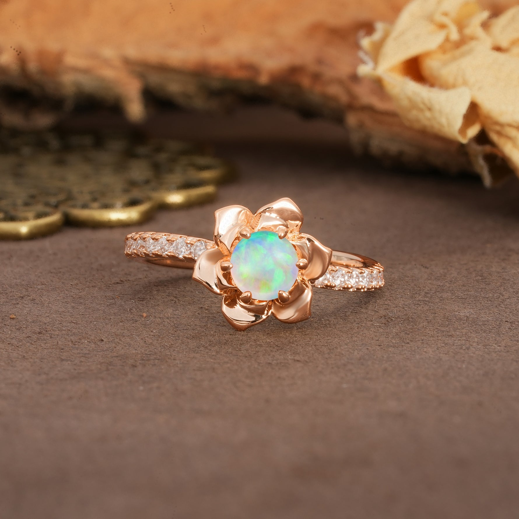 Nature-Inspired Unique Floral Design 6-Prong Round Cut Fire Opal Engagement Ring - Additional view