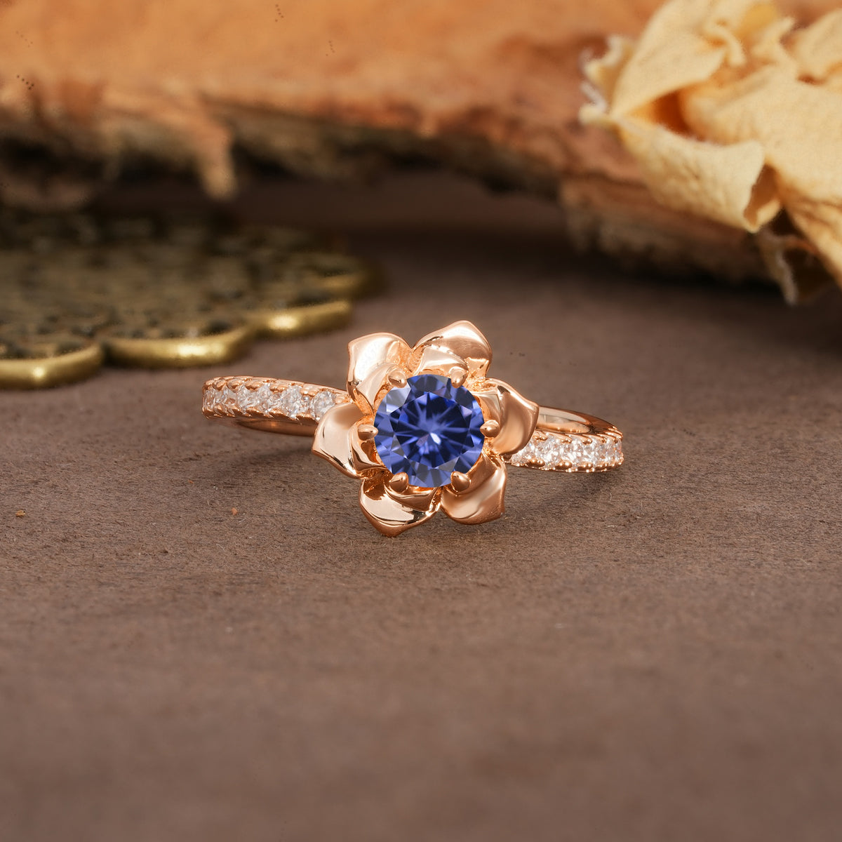 Nature-Inspired Unique Floral Design 6-Prong Round Cut Tanzanite Engagement Ring - Additional view