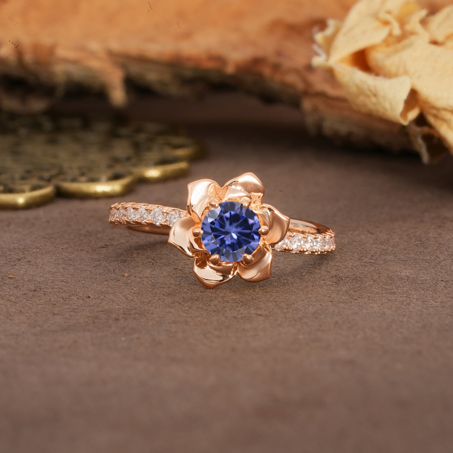 Nature-Inspired Unique Floral Design 6-Prong Round Cut Tanzanite Engagement Ring - Additional view