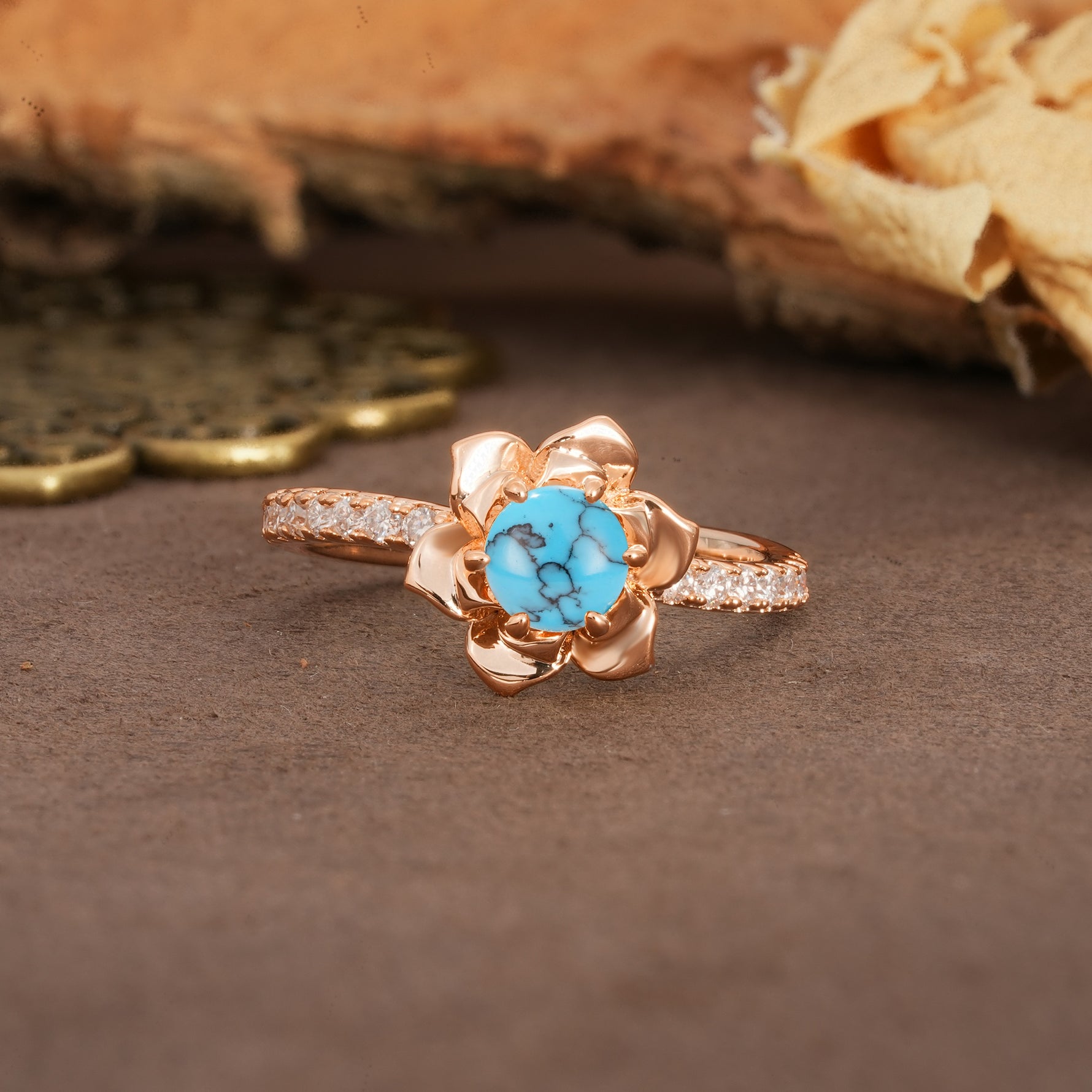 Nature-Inspired Unique Floral Design 6-Prong Round Cut Turquoise Engagement Ring - Additional view
