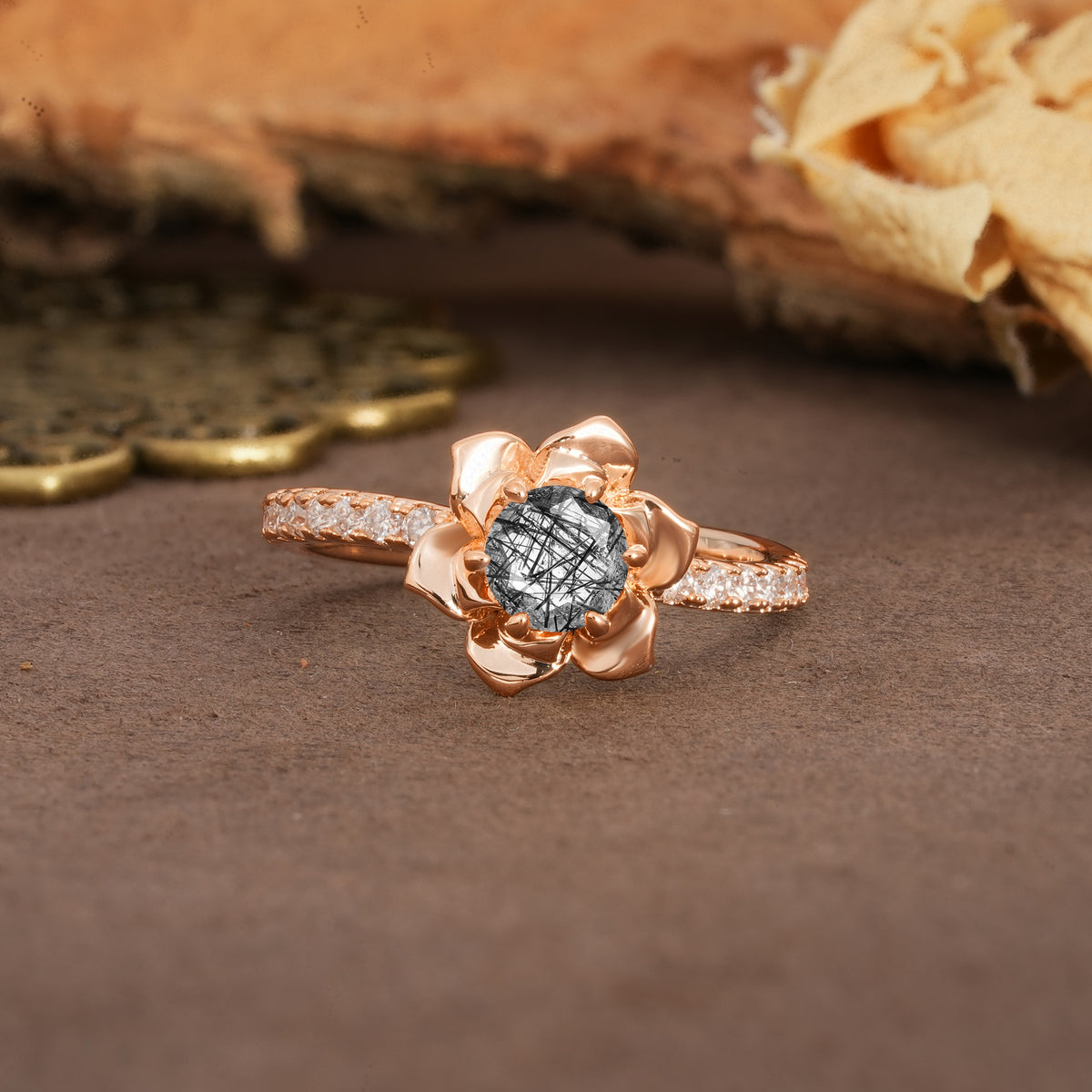 Nature-Inspired Unique Floral Design 6-Prong Round Cut Black Rutilated Quartz Engagement Ring - Additional view