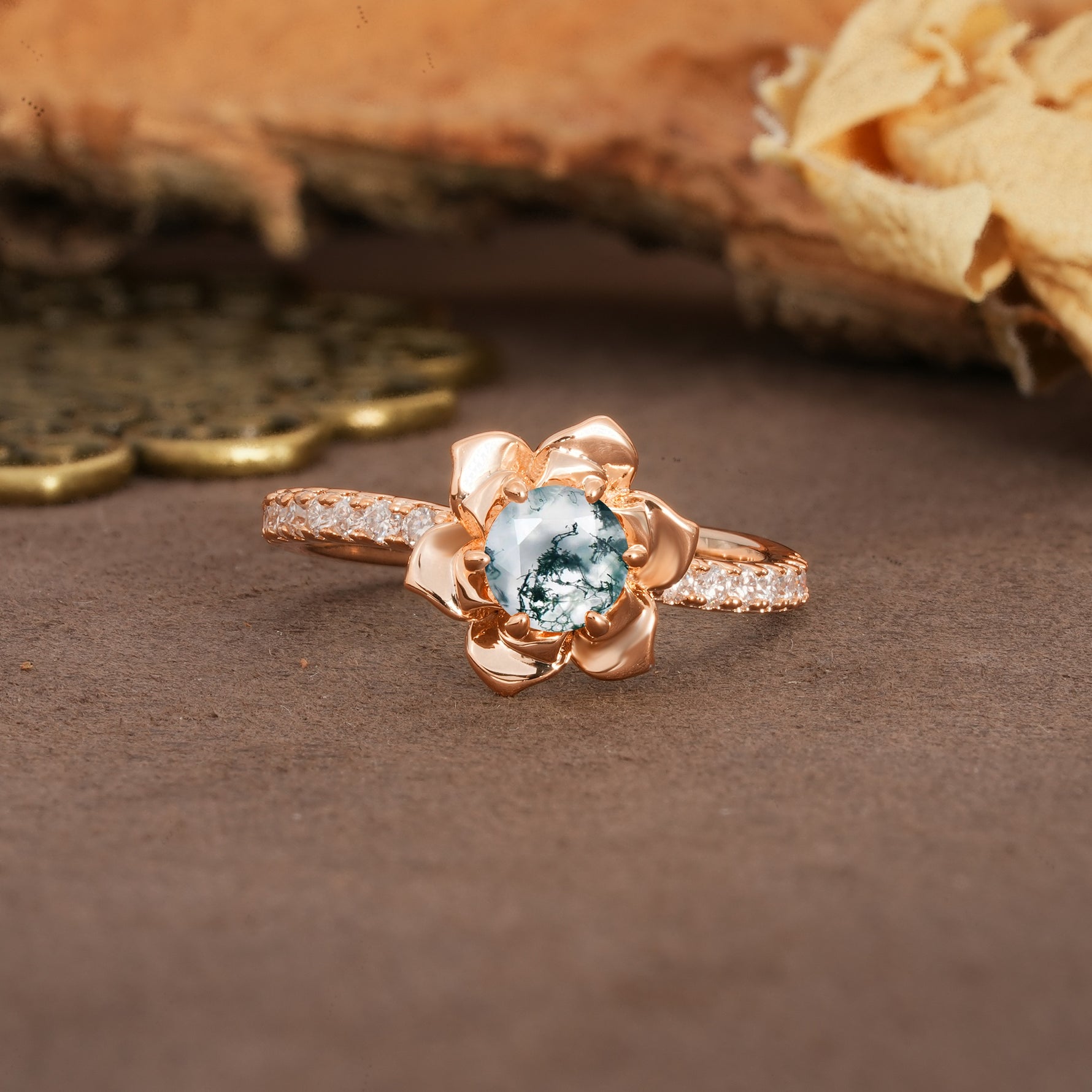 Nature-Inspired Unique Floral Design 6-Prong Round Cut Moss Agate Engagement Ring - Additional view