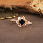 Nature-Inspired Unique Floral Design 6-Prong Round Cut Black Onyx Engagement Ring - Additional view