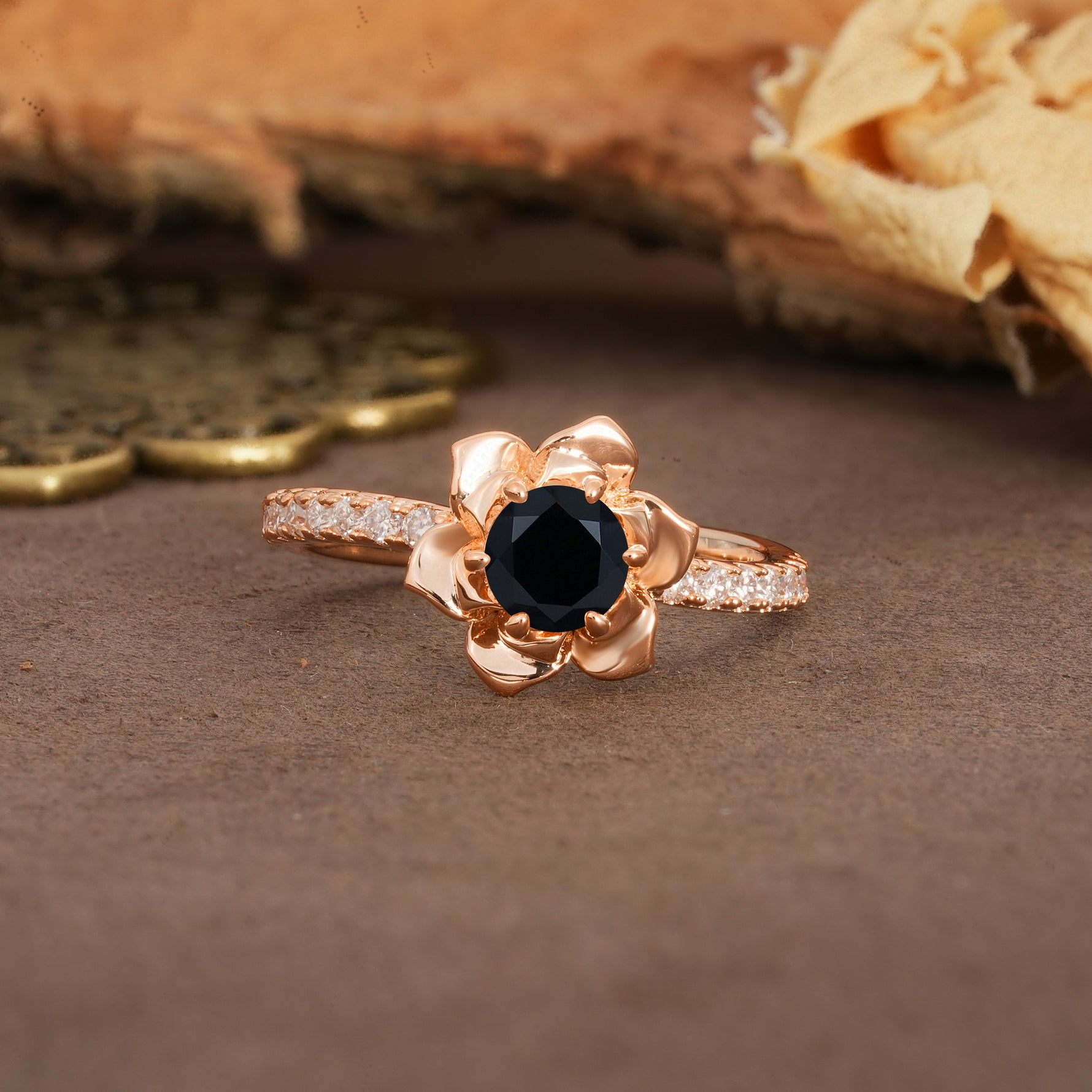 Nature-Inspired Unique Floral Design 6-Prong Round Cut Black Onyx Engagement Ring - Additional view