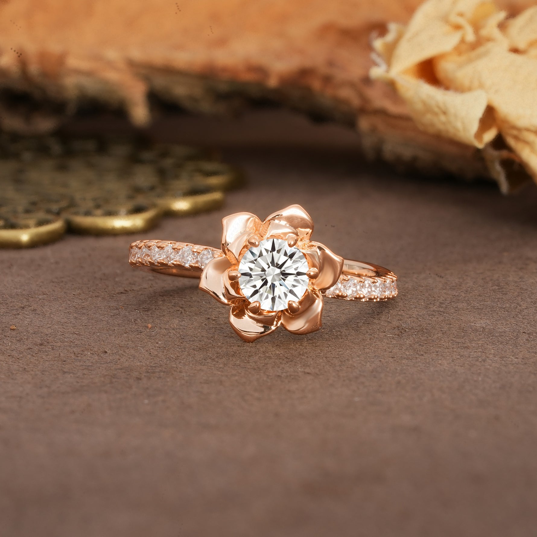 Nature-Inspired Unique Floral Design 6-Prong Round Cut Lab Diamond Engagement Ring - Additional view